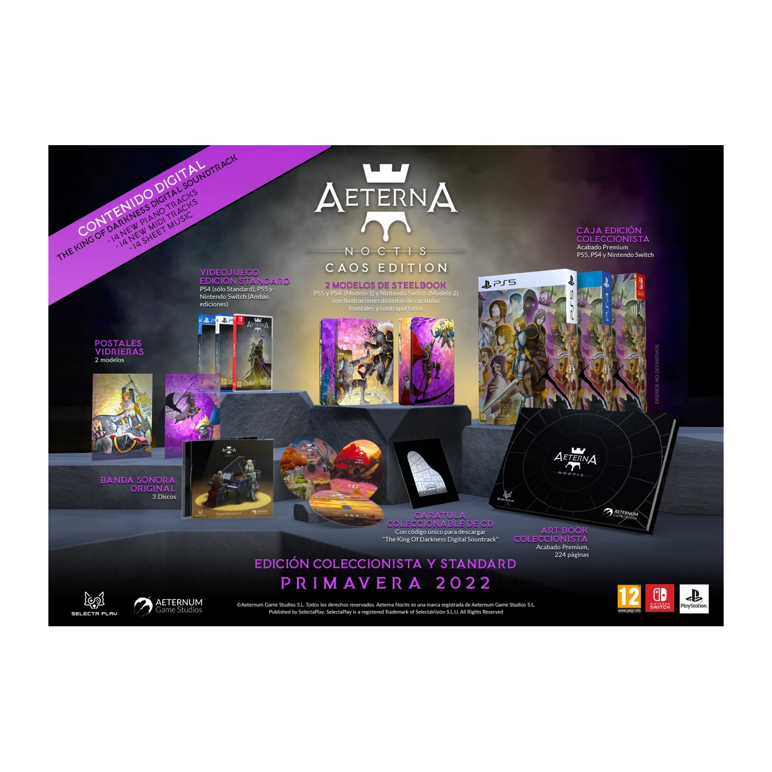 Un set de caja de juego que incluye varios contenidos, como discos, carteles y un artículo de coleccionista.