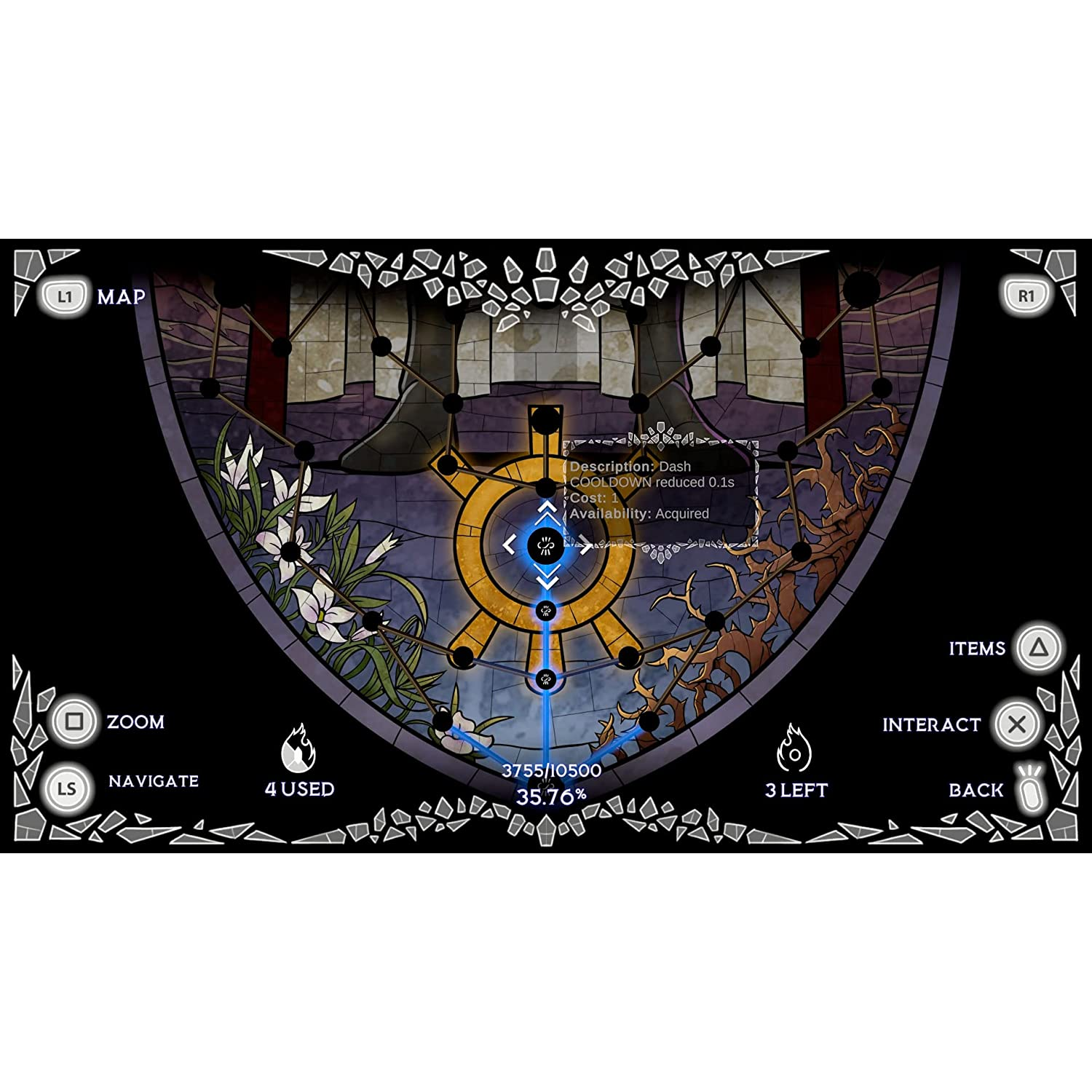 Una interfaz de juego con un diseño de vidriera. Muestra elementos, navegación e información del juego.