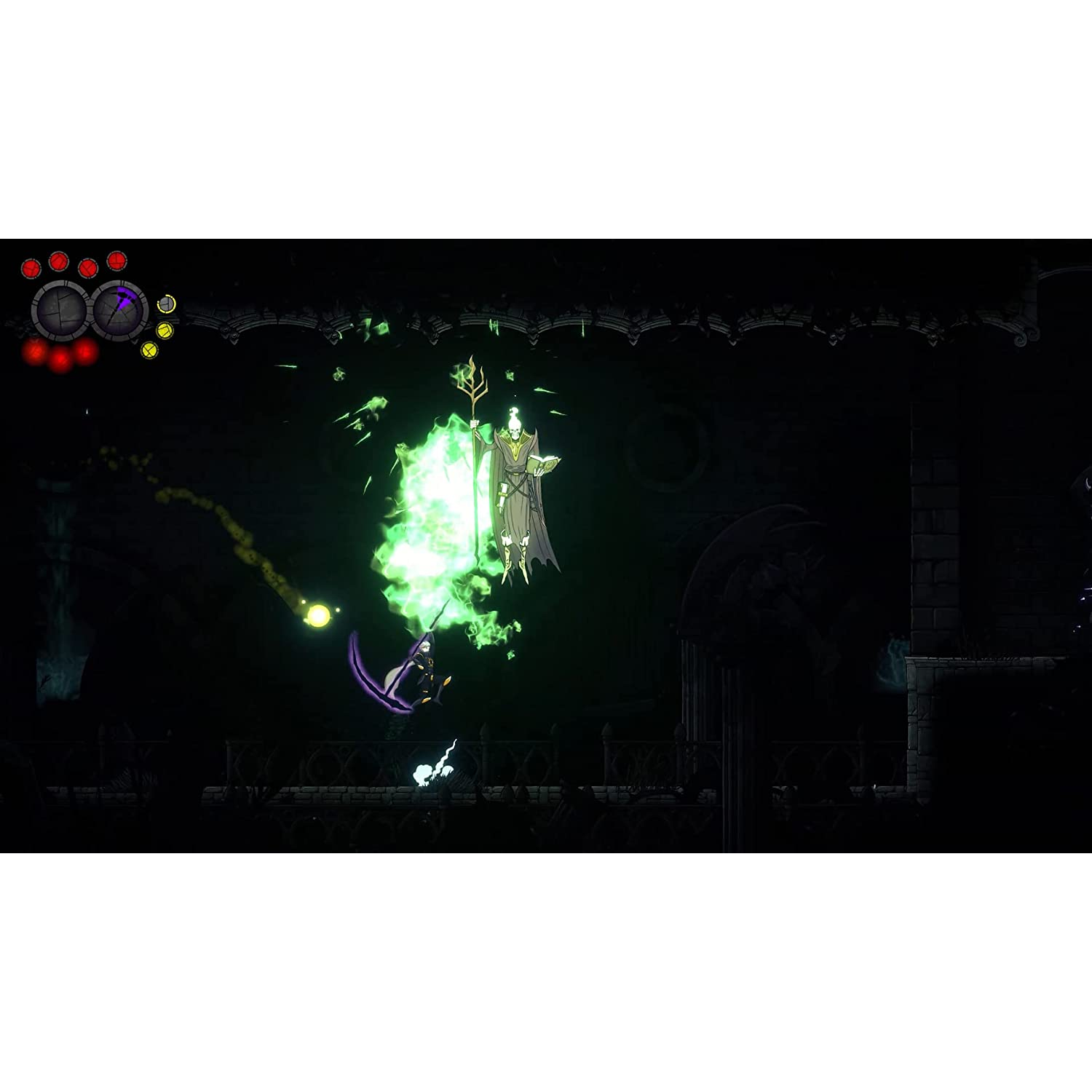 Una escena oscura de videojuego con una figura brillante verde y un personaje con una guadaña morada.