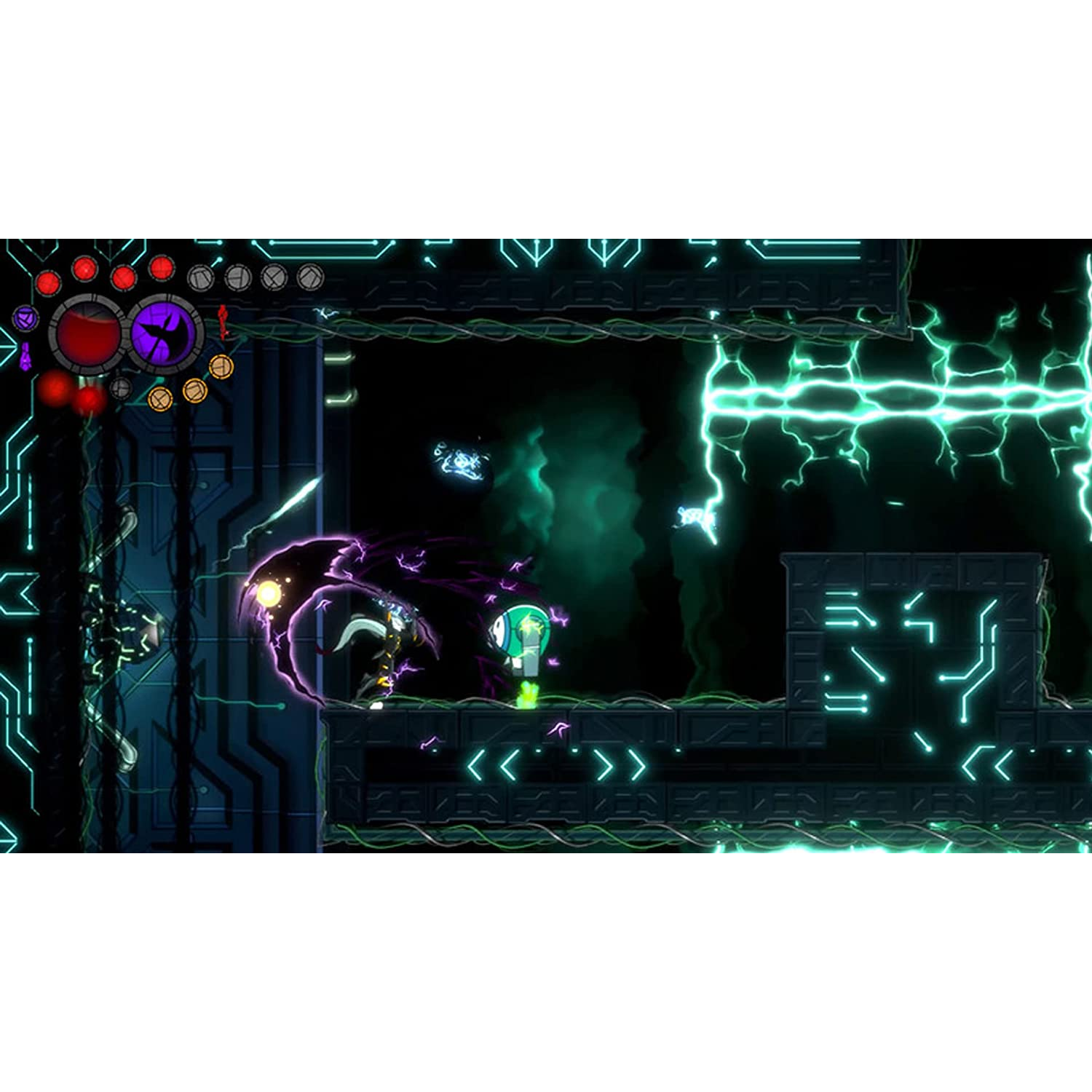Escena de videojuego con líneas verde neón, un personaje y enemigos.