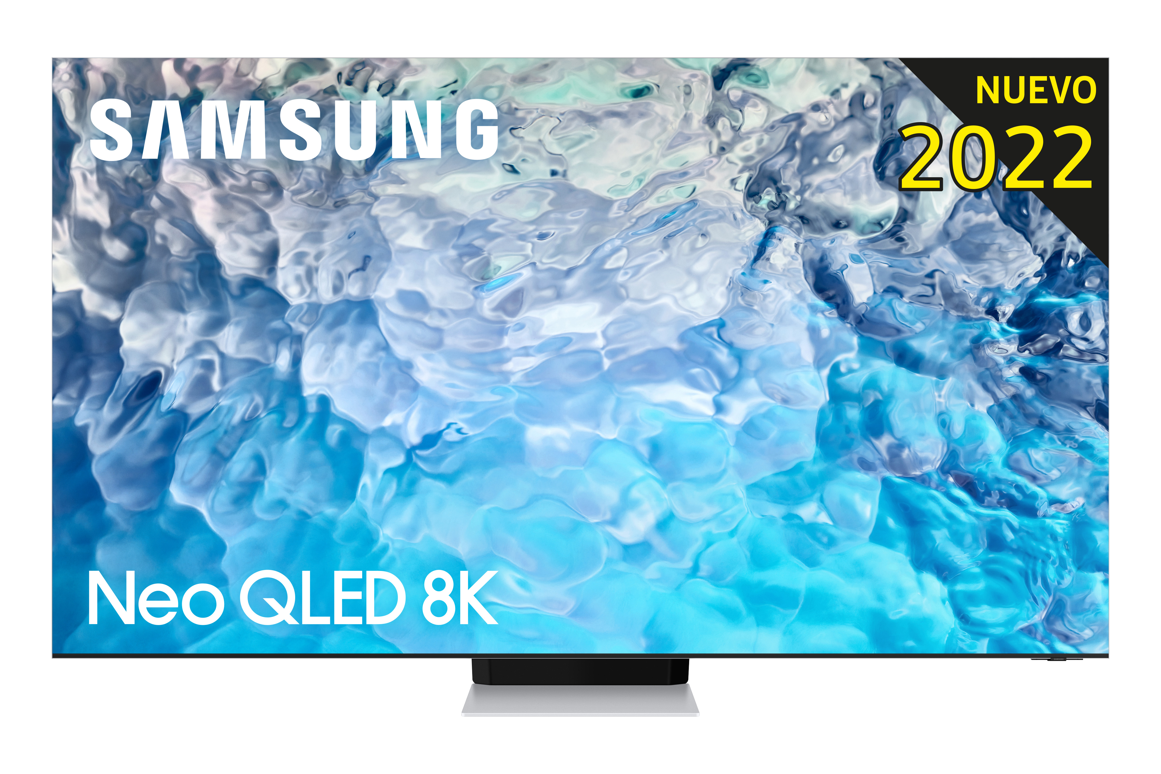 Un televisor Samsung grande con una pegatina 'Nuevo 2022', mostrando un patrón de agua.