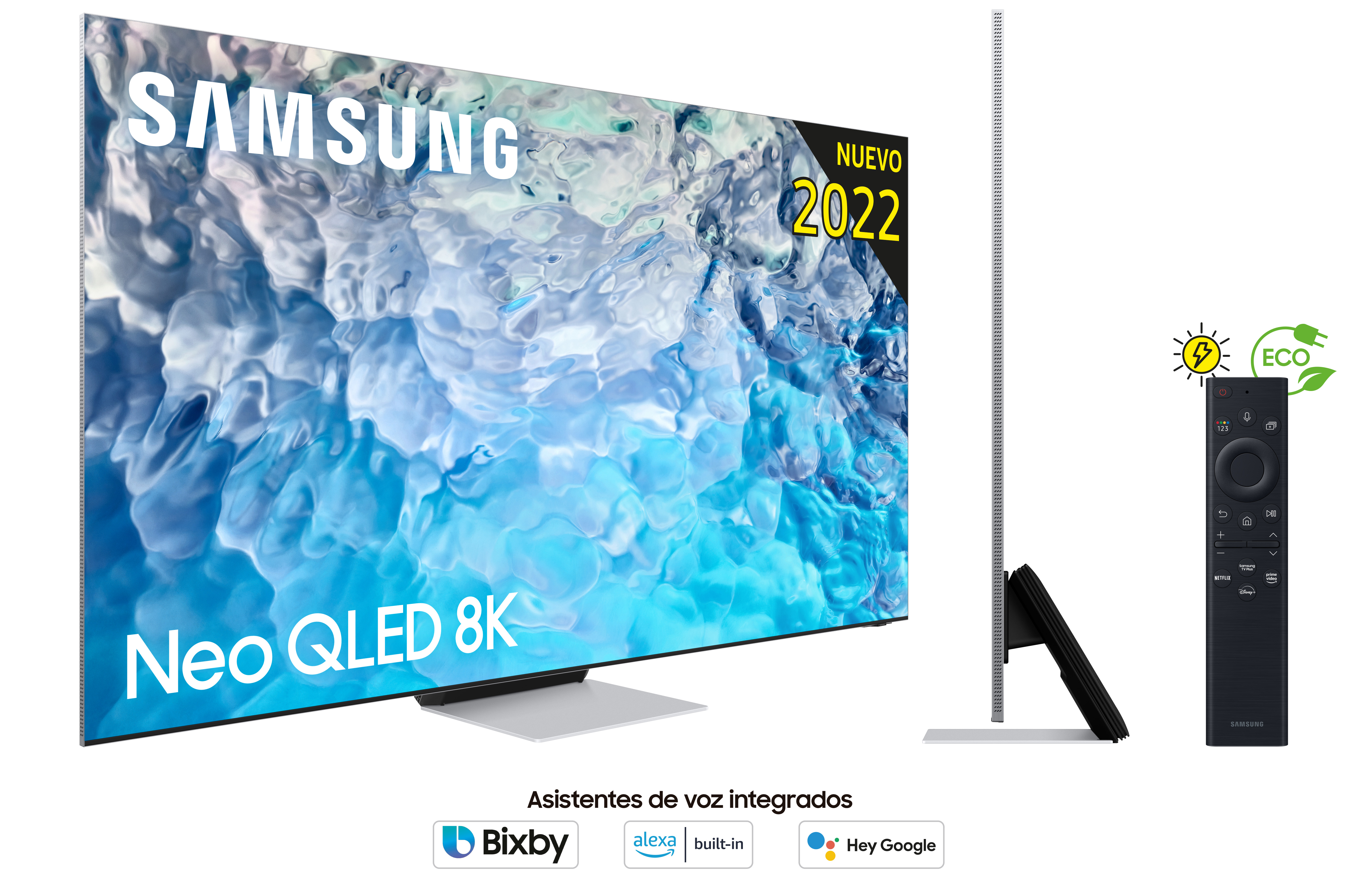 TV Samsung Neo QLED 8K, con mando y iconos de asistente de voz.