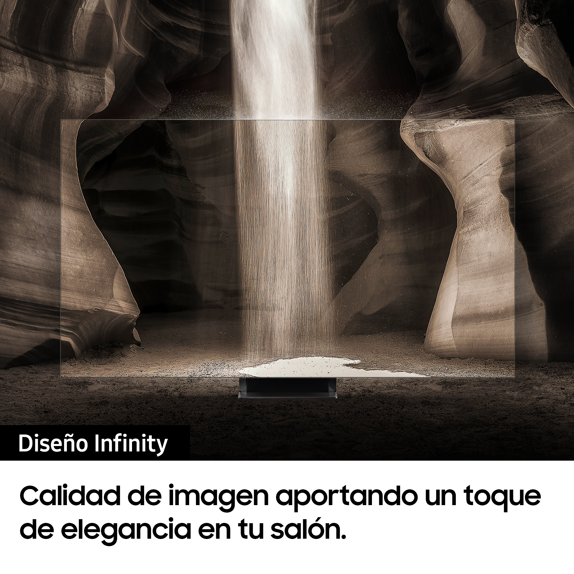 Pantalla de TV mostrando una cascada en una cueva, con texto y marco negro.