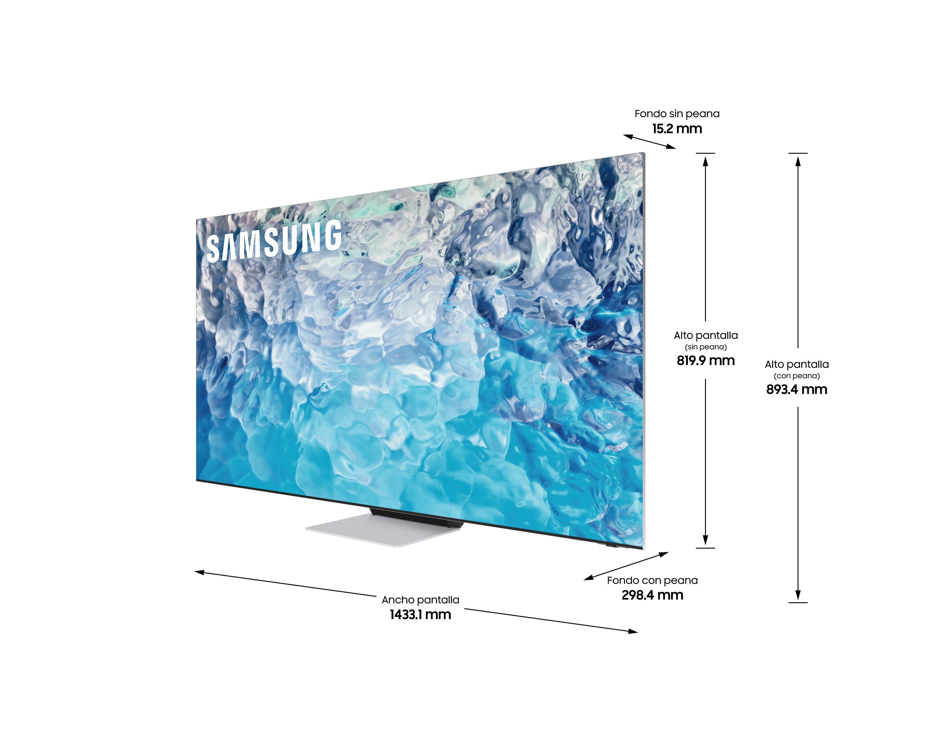 Un televisor Samsung grande desde un ángulo lateral, se muestran las dimensiones.