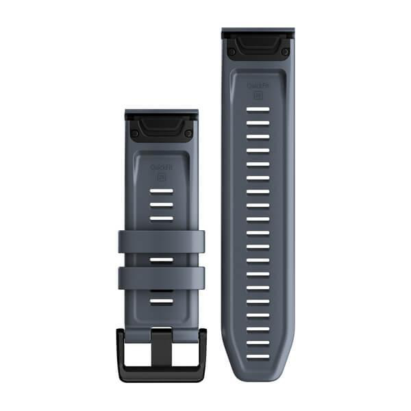 Zwei dunkelgraue Garmin Uhrenarmbänder nebeneinander, mit schwarzer Schnalle und QuickFit-Etikett.