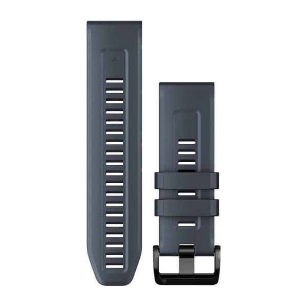 Zwei dunkelgraue Garmin-Uhrenarmbänder mit schwarzer Schnalle. Eines ist länger mit Löchern.