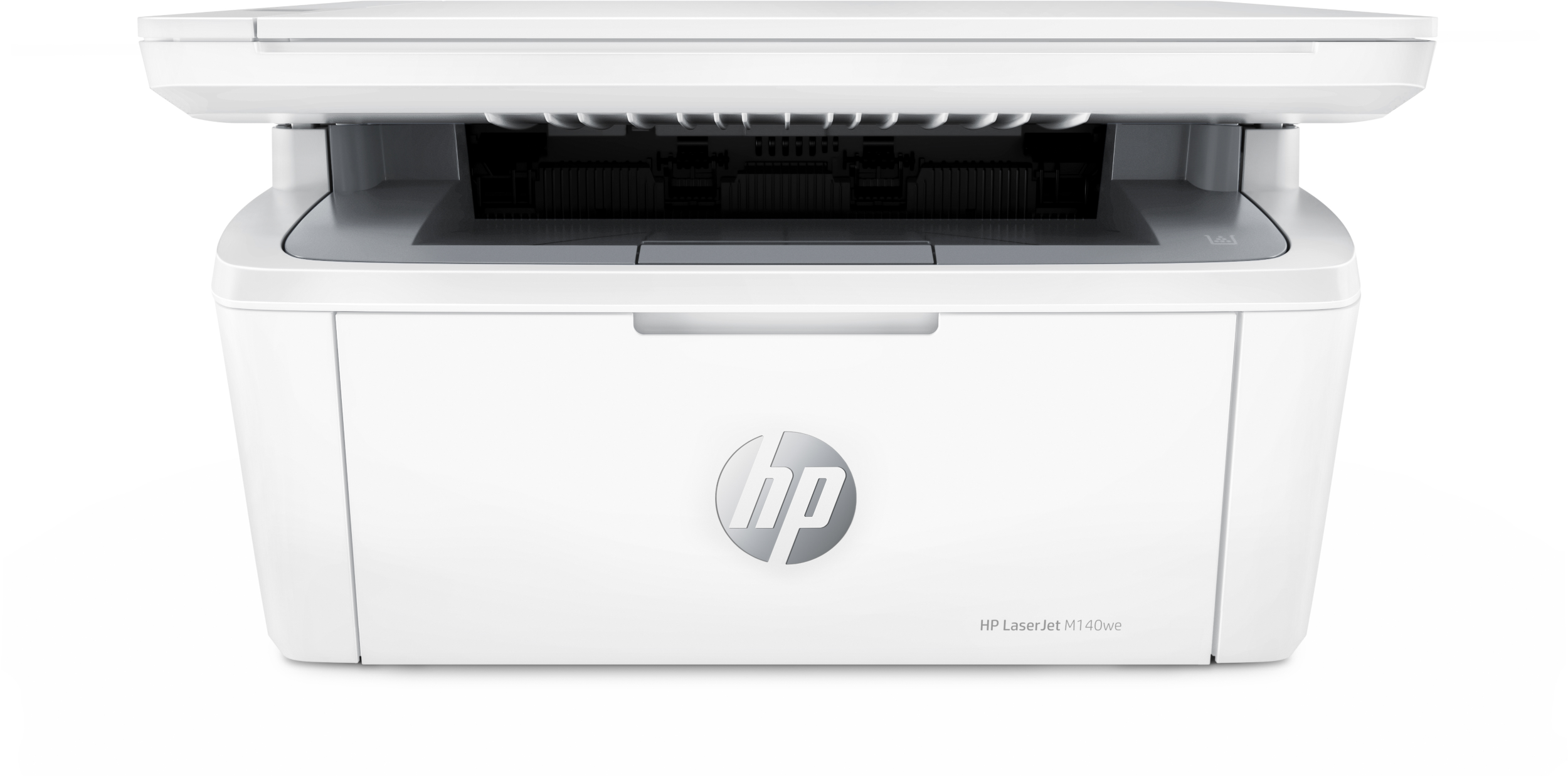Ein weißer HP LaserJet M140we Drucker mit geöffneter oberer Abdeckung.