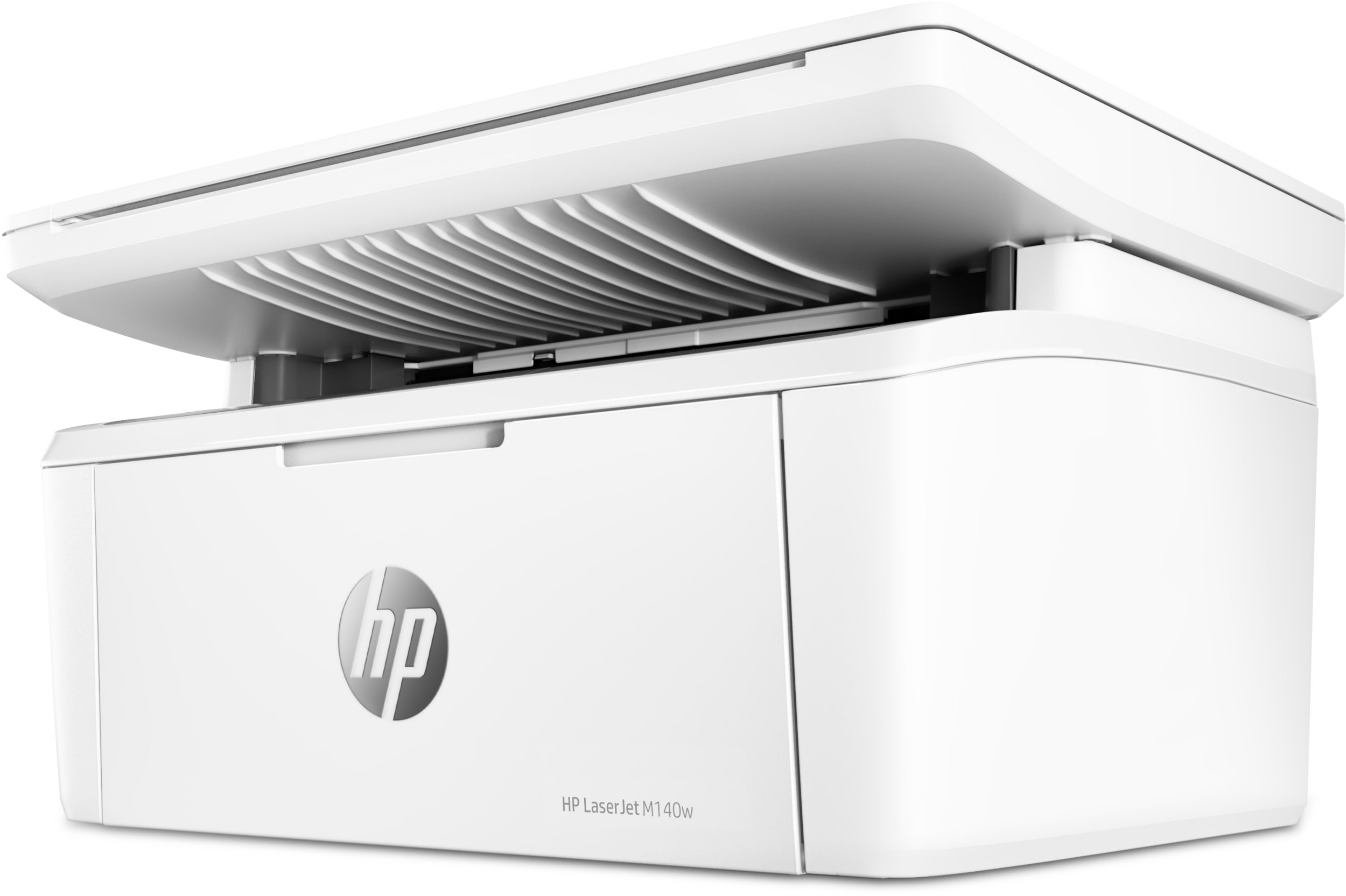 Weißer HP-Laserdrucker, Oberseite offen. HP-Logo sichtbar.