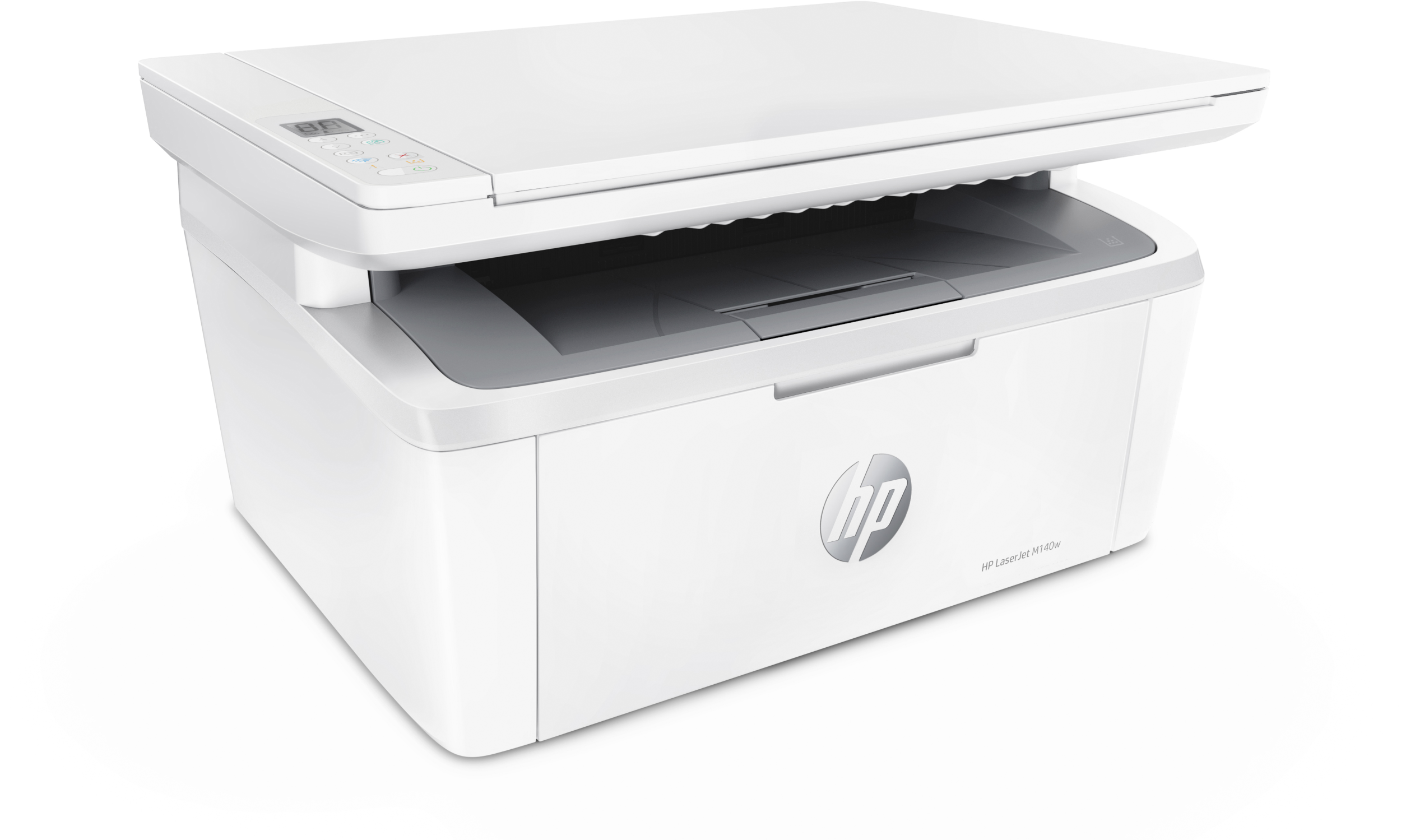 Weißer HP-Drucker mit offenem Deckel. Der Drucker hat einen Scanner und ein Papierfach. HP-Logo vorne.