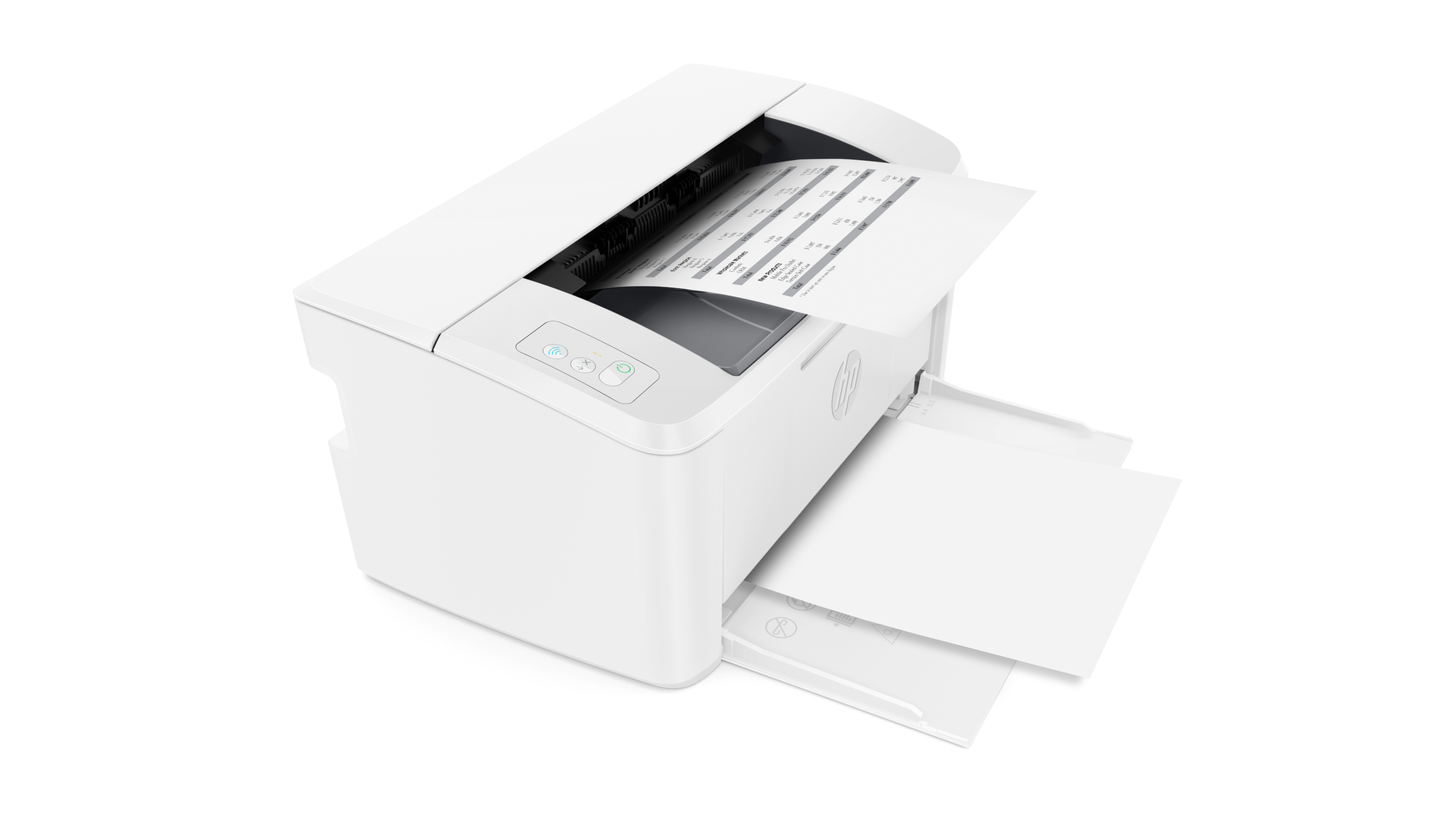 Ein weißer Drucker druckt ein Dokument auf einer weißen Oberfläche.