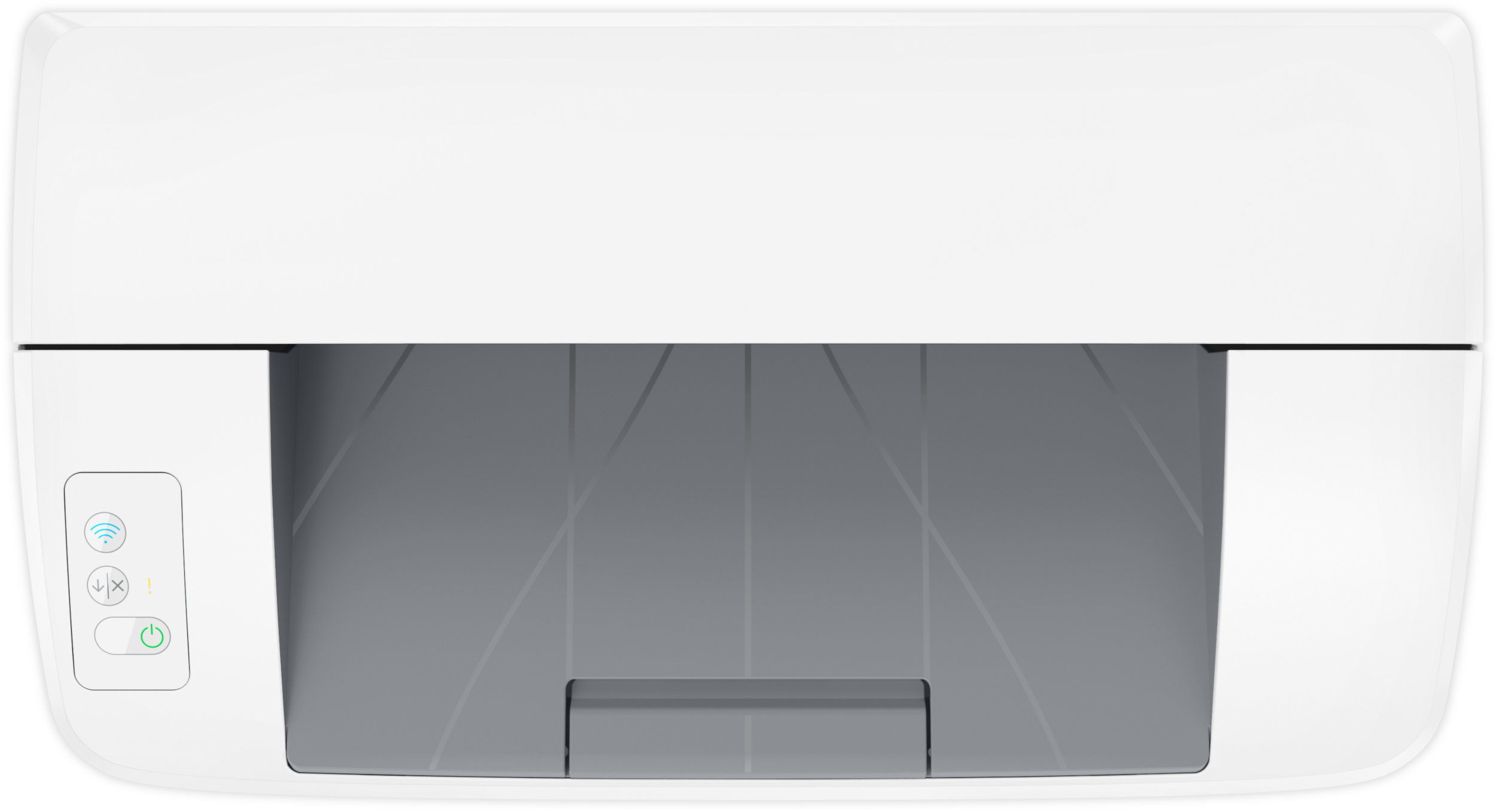 Weißer Drucker mit Bedienfeld. Hat WLAN, Kopier- und Ein-Aus-Tasten. Graues Papierfach sichtbar.