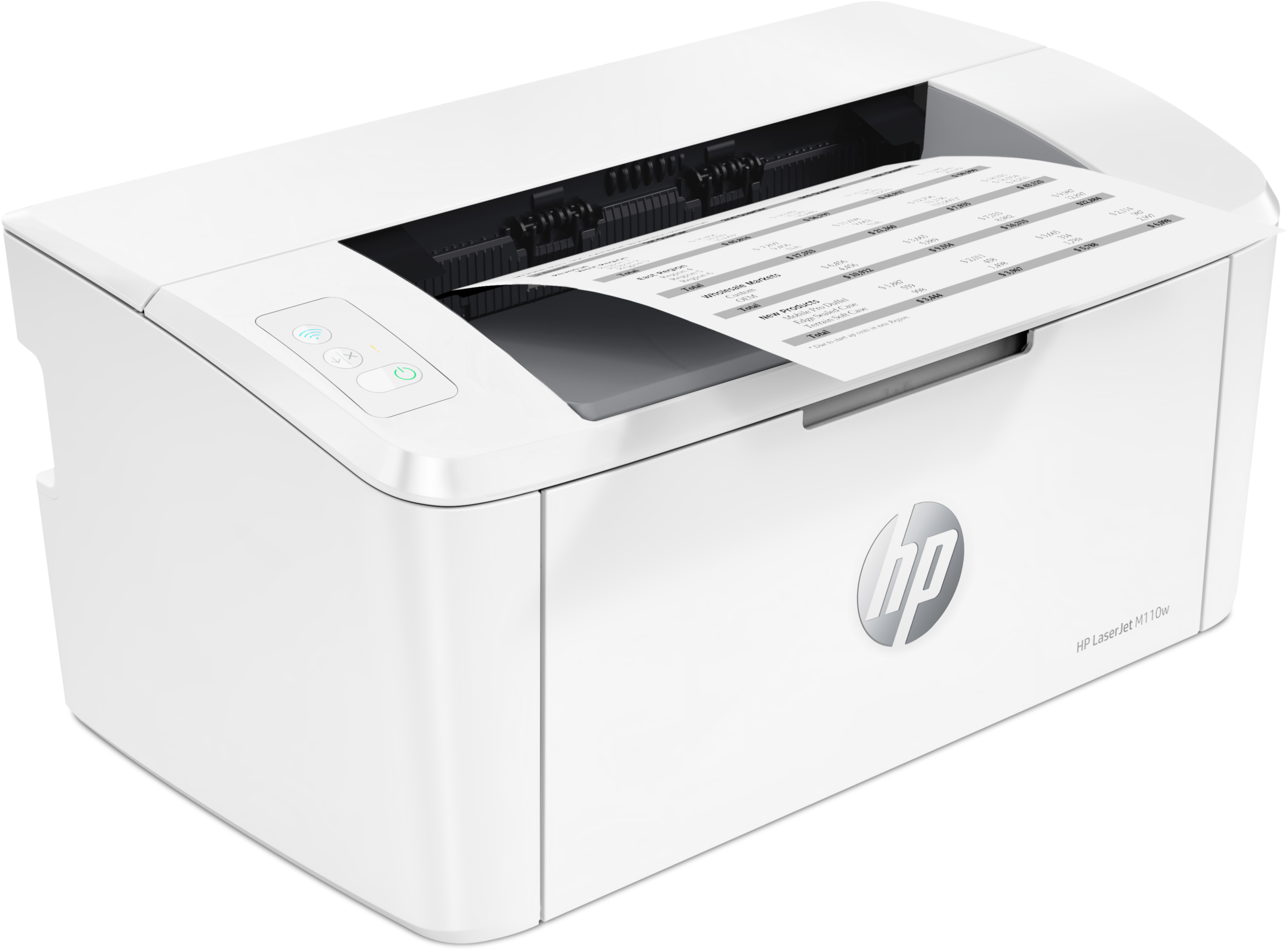 Ein weißer HP LaserJet M110w Drucker mit einem gedruckten Dokument, auf weißem Hintergrund.