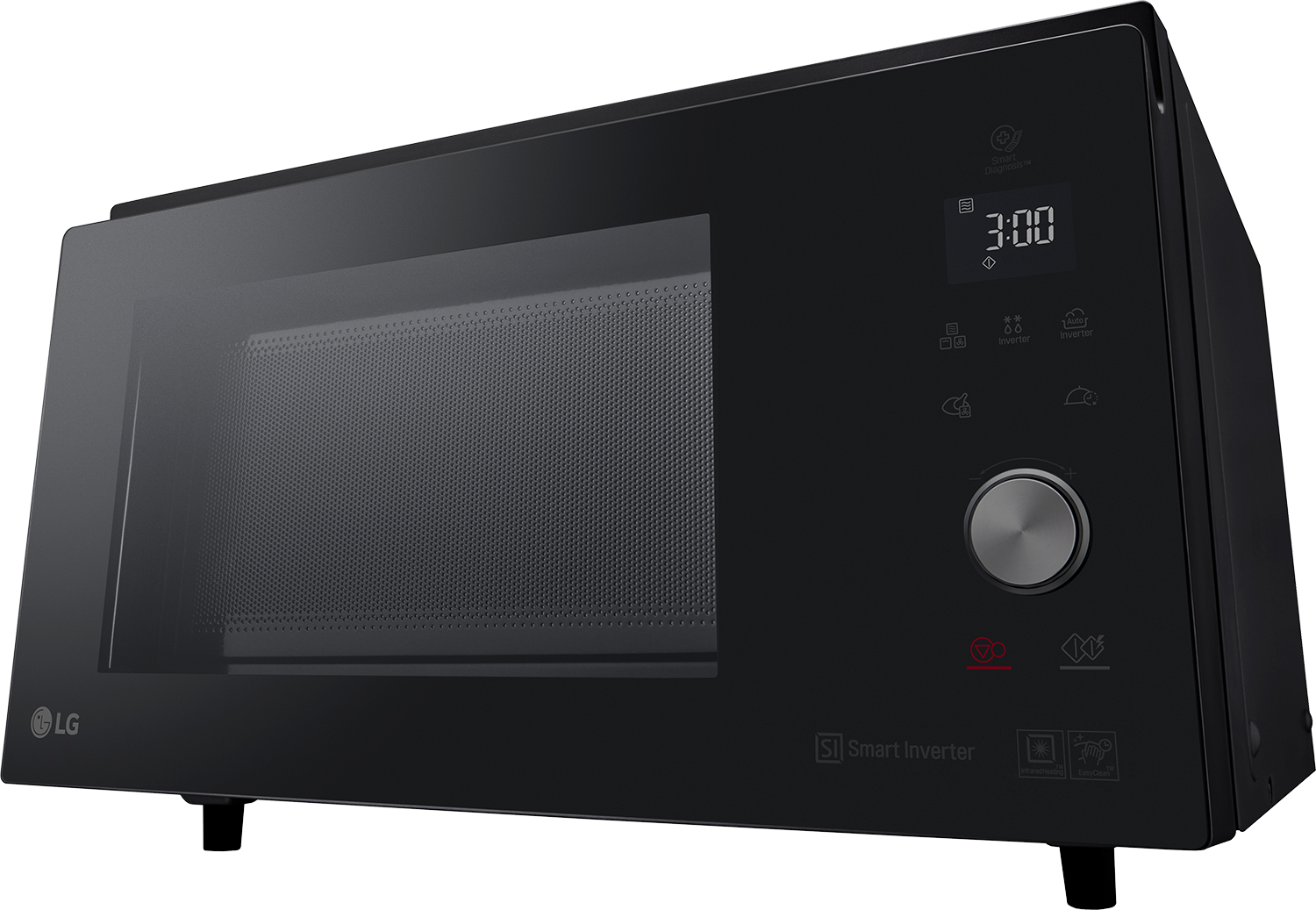 Zwarte LG magnetron met een digitaal display met 3:00, op een witte achtergrond.