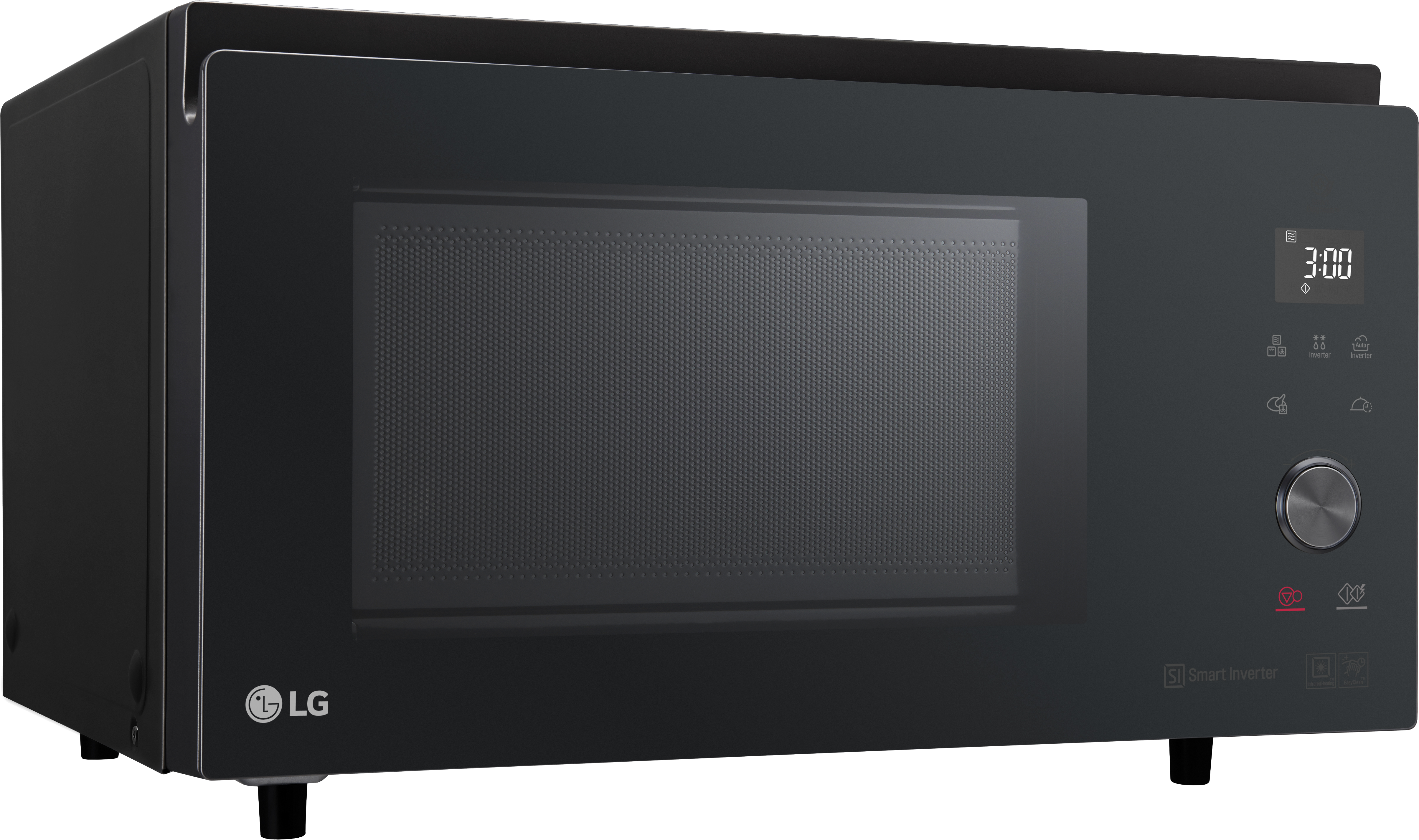 Een zwarte magnetron met digitale klok en bedieningspaneel, LG-logo zichtbaar.