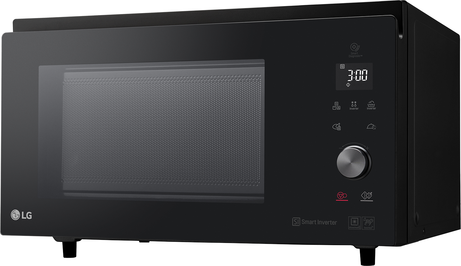 Zwarte magnetron met digitaal display. Glazen deur, knoppen en draaiknop zichtbaar.