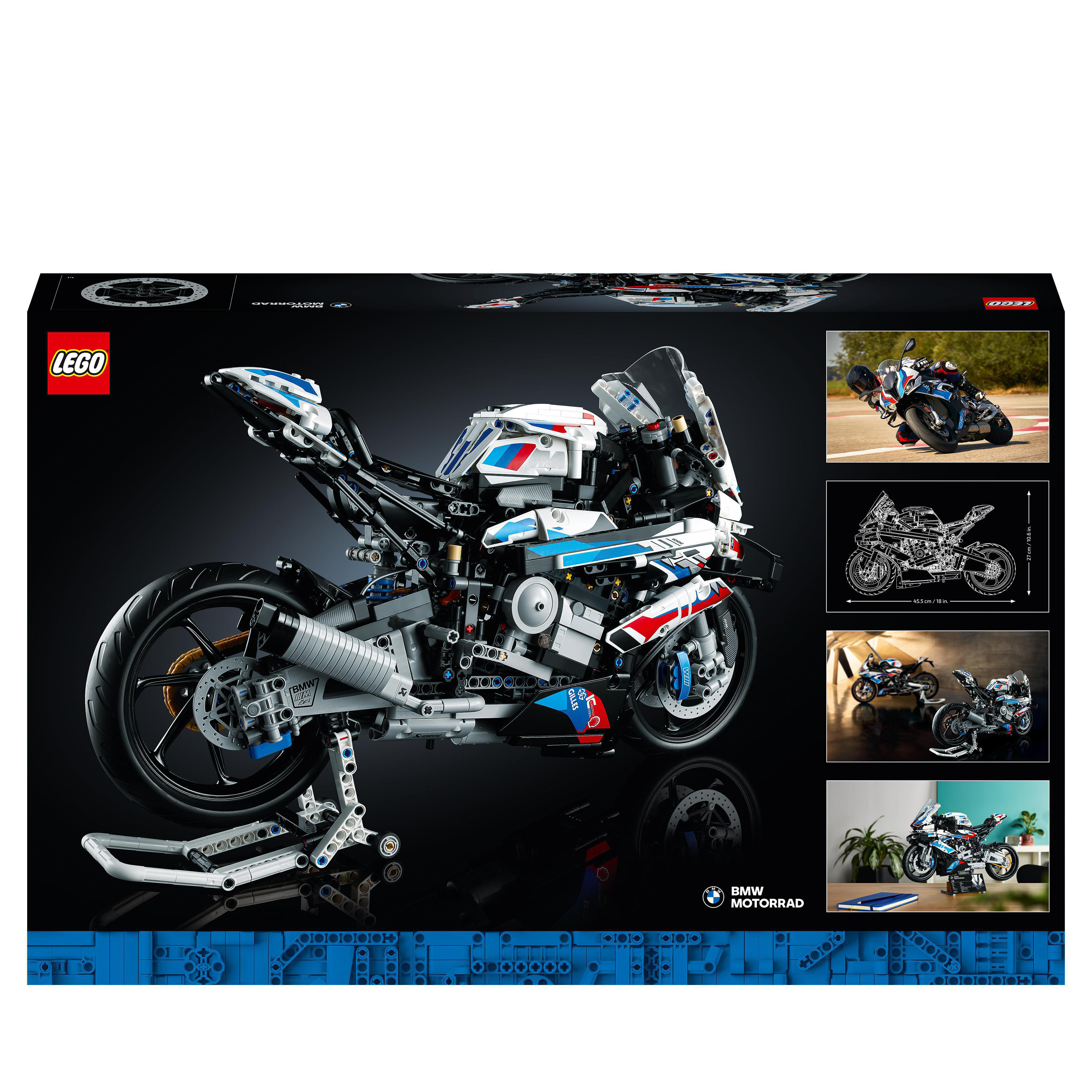 Ein Lego Technic BMW Motorrad Modellbaukasten. Die Box zeigt das montierte Modell und Diagramme.