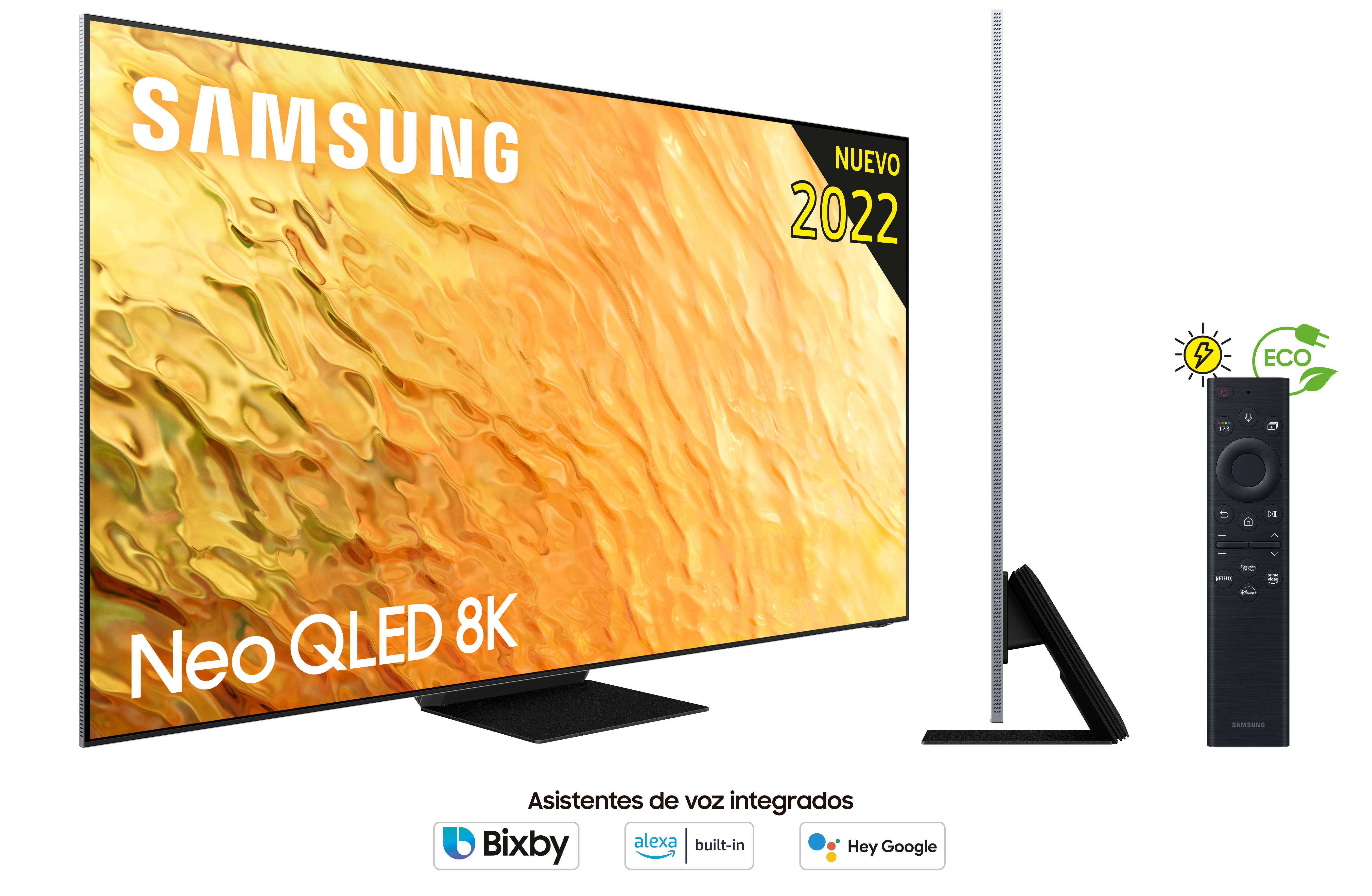 Un televisor Samsung Neo QLED 8K, con vista lateral, mando a distancia y una etiqueta 'Nuevo 2022'.