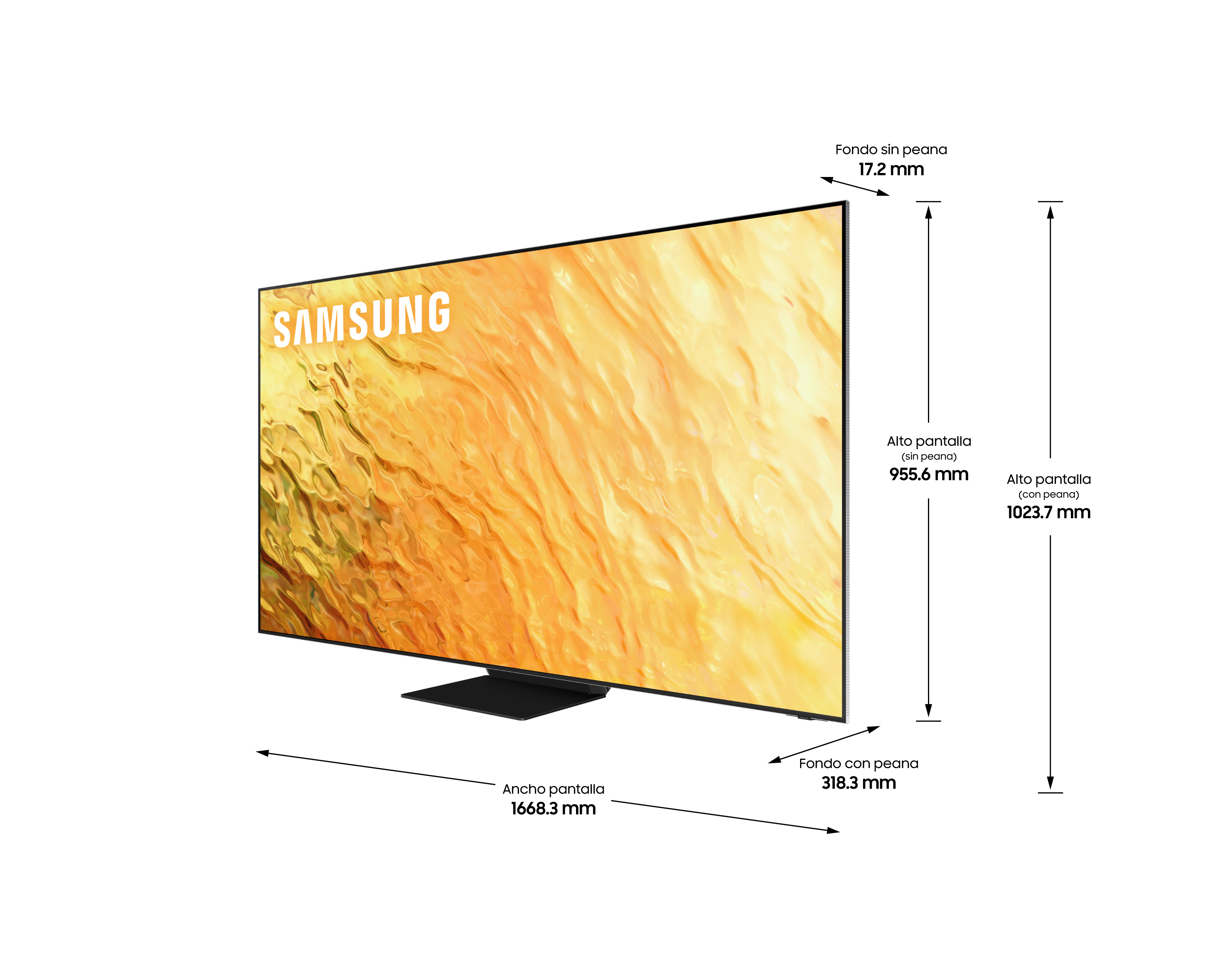 Un gran televisor Samsung en ángulo. Dimensiones incluyen ancho, alto y profundidad con soporte.