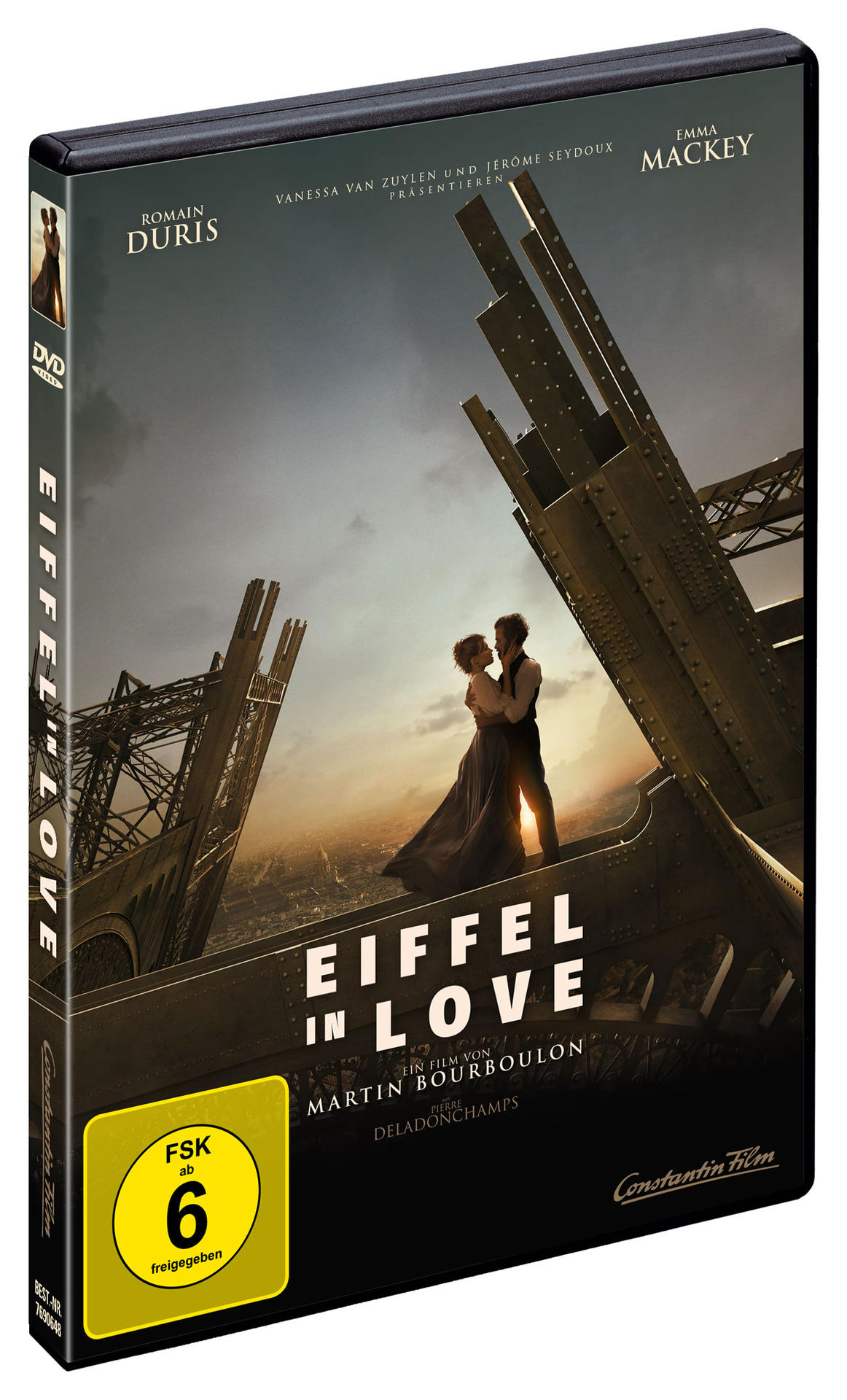DVD-Cover für 'Eiffel in Love' mit Bild eines Paares und dem Eiffelturm.