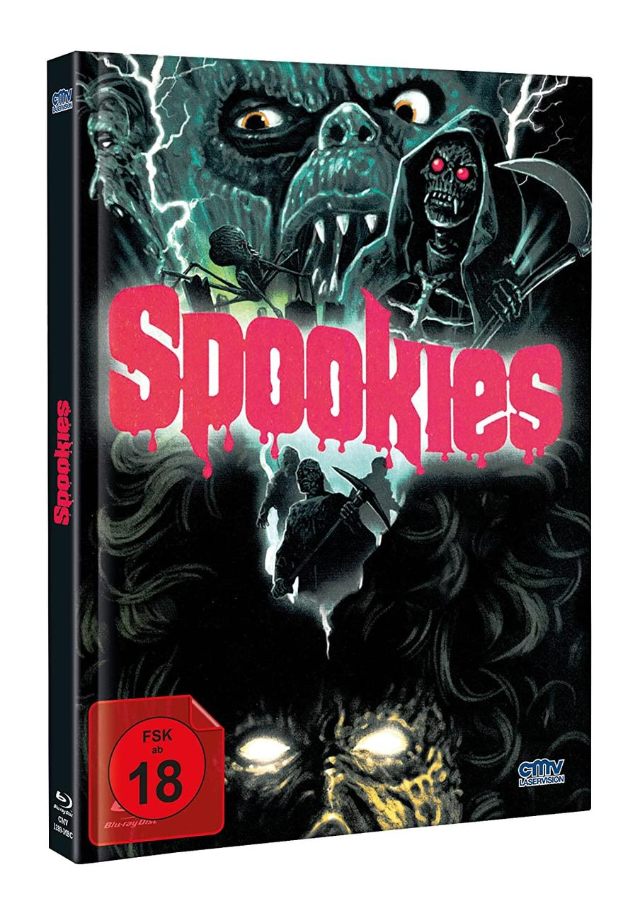 Filmcover für Spookies. Enthält ein Monster und Zombies mit rotem Rating-Aufkleber.