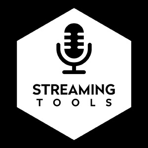 Weißes und schwarzes Logo mit einem Mikrofon-Symbol und dem Schriftzug "STREAMING TOOLS".
