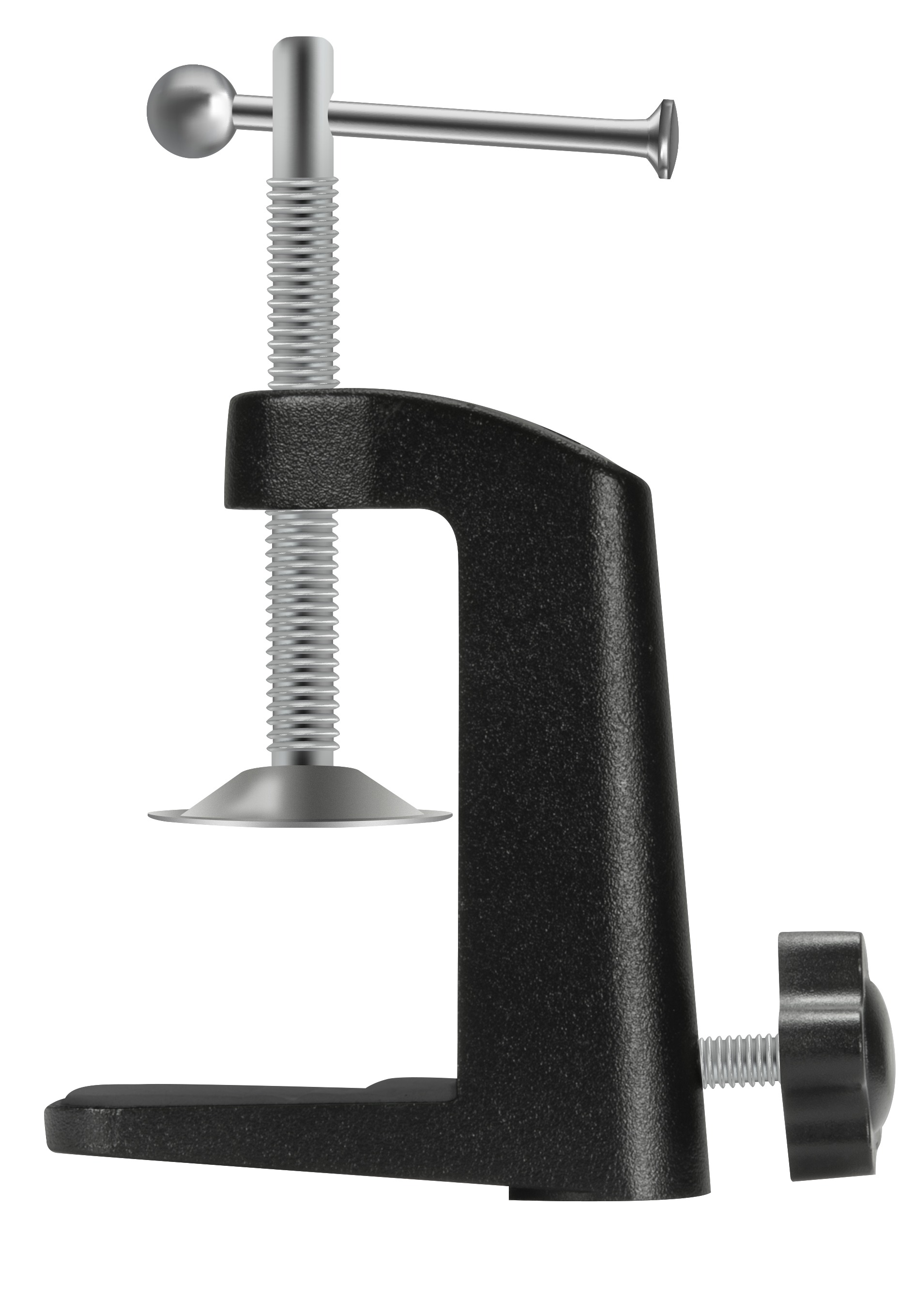Eine schwarze Klemme mit Schraube, silberner Schraube und Griff, freigestellt vor weißem Hintergrund.