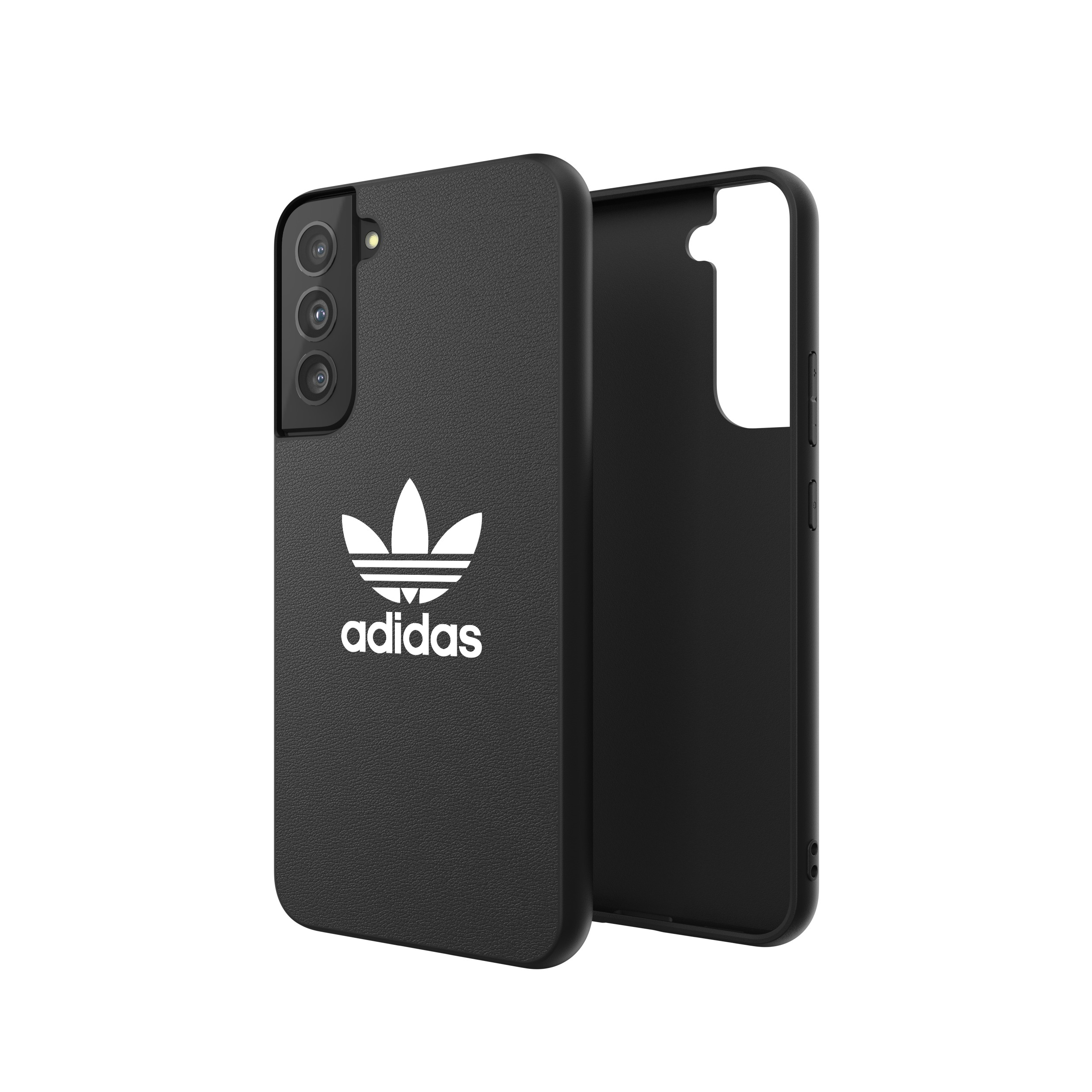 Schwarze Adidas-Handyhülle auf weißem Hintergrund. Das Adidas-Logo ist prominent.