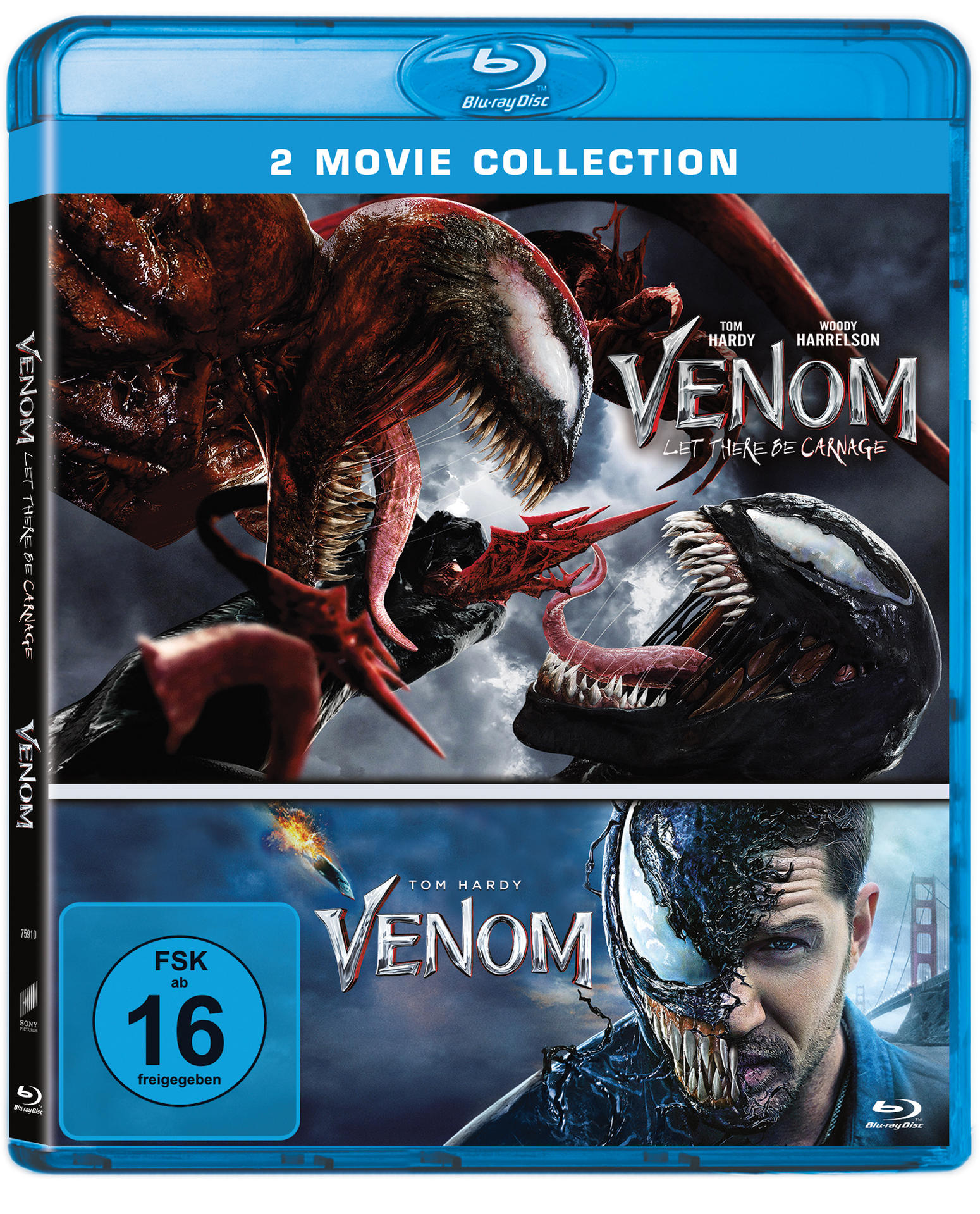 Blu-ray-Filmcover von 'Venom' 2-Movie-Collection, mit Tom Hardy. Der Hintergrund ist blau.