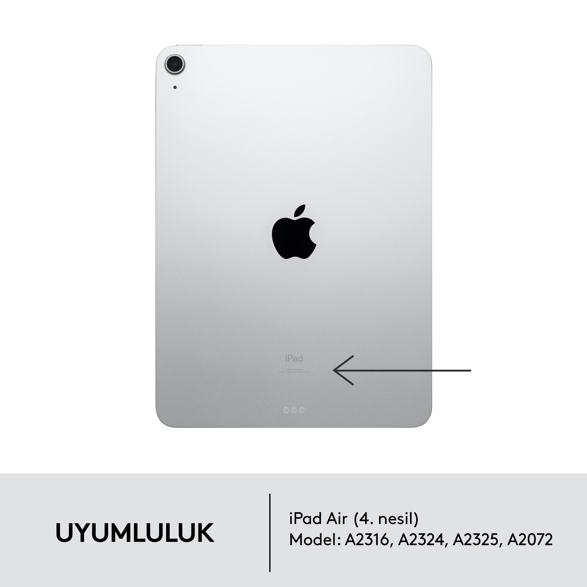 Gümüş iPad Air (4. nesil) arkası, Apple logosu ve model bilgileriyle. Ok, tabletin altına işaret ediyor.
