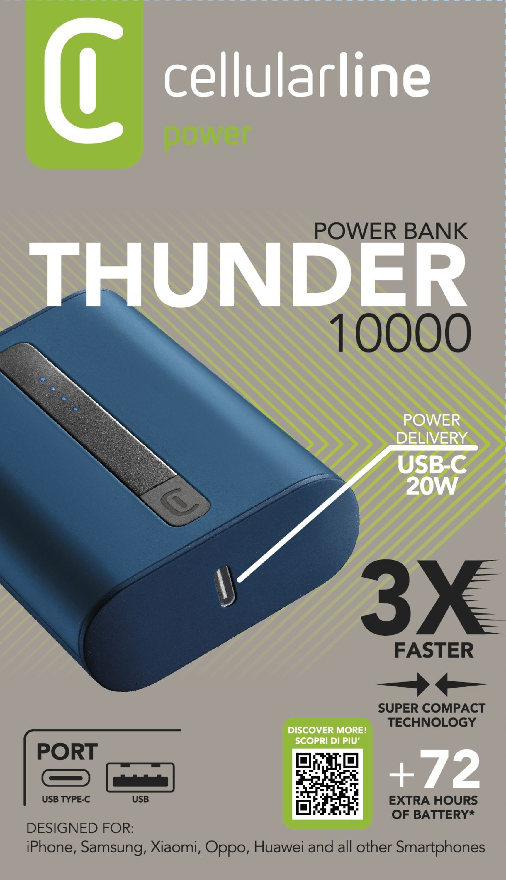Mavi power bank, metin ve resimlerle. 'Thunder 10000' yazıyor, USB-C ve USB portları var.
