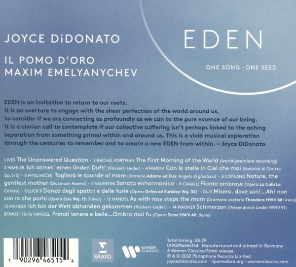 Ein CD-Cover mit Text und einer Titelliste. Der Titel ist Eden von Joyce DiDonato.