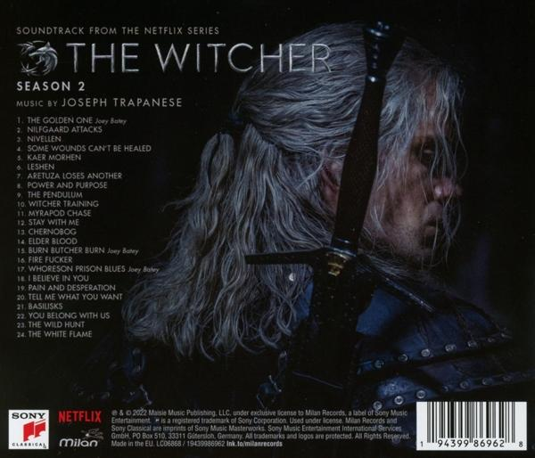 CD-Cover für „The Witcher“ Staffel 2 Soundtrack. Zeigt Geralt mit einem Schwert. Text und Logos sind sichtbar.