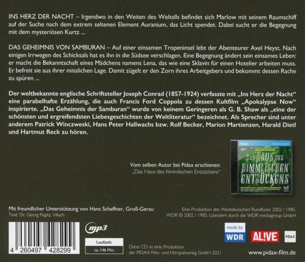 Rückseite einer CD mit deutschem Text, mit einem kleinen Bild eines Buches.
