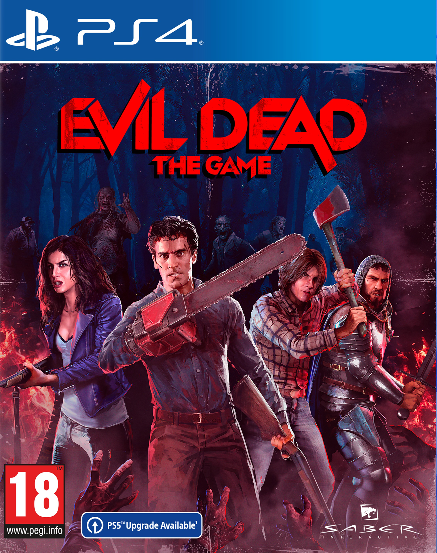 Gamecover: Evil Dead: The Game. Personages met wapens, zombies en een rode achtergrond. PS4 logo.