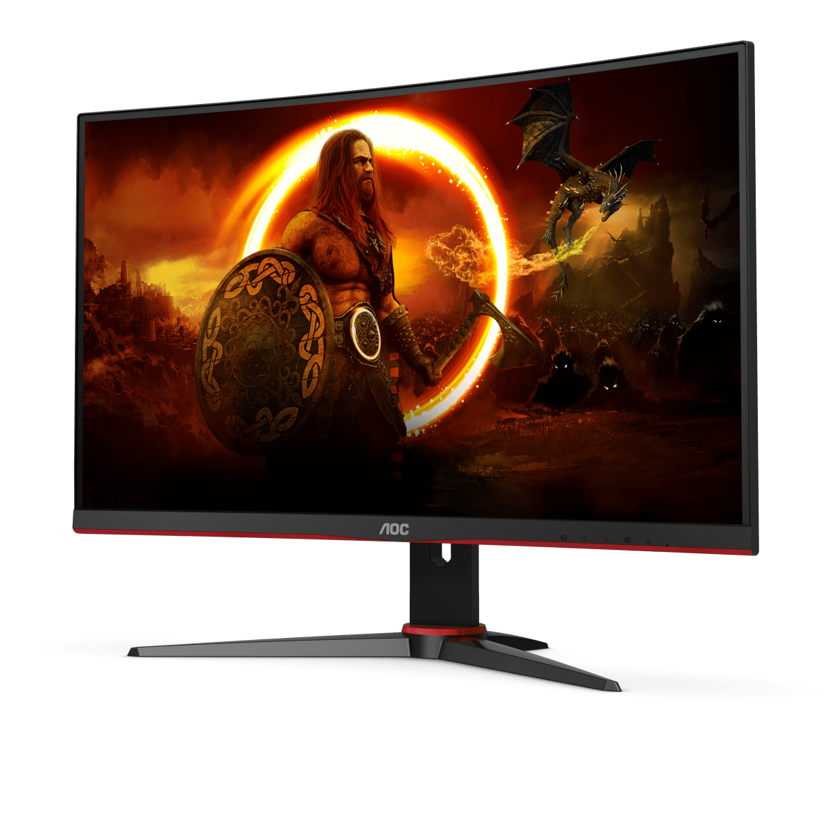 AOC Gaming-Monitor mit Fantasy-Szene: Krieger, Drache und Feuereffekte.