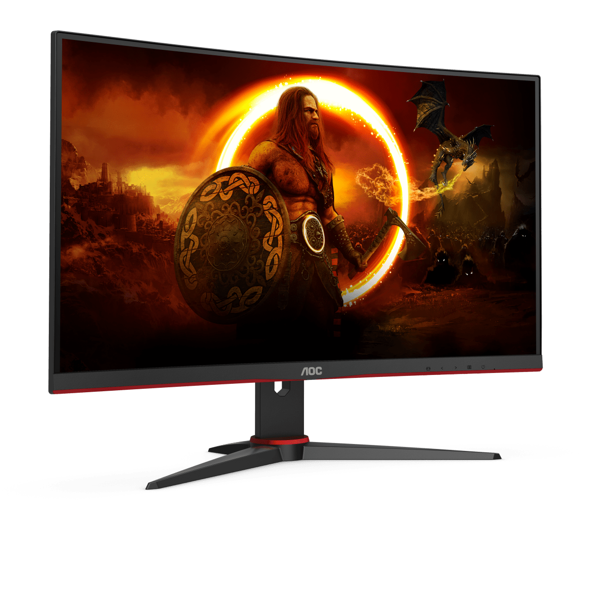 AOC Monitor zeigt Fantasieszene mit Krieger, Drachen und roten Akzenten.