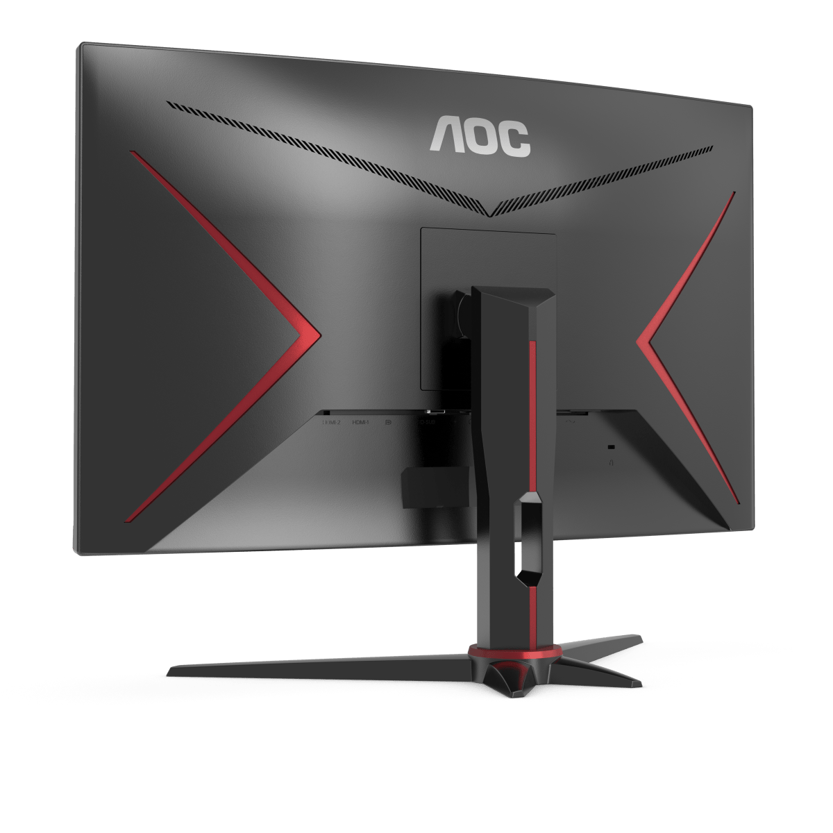 Schwarze Monitorrückansicht, rote Akzente, AOC-Logo, zeigt Anschlüsse, abgewinkelte Ansicht.