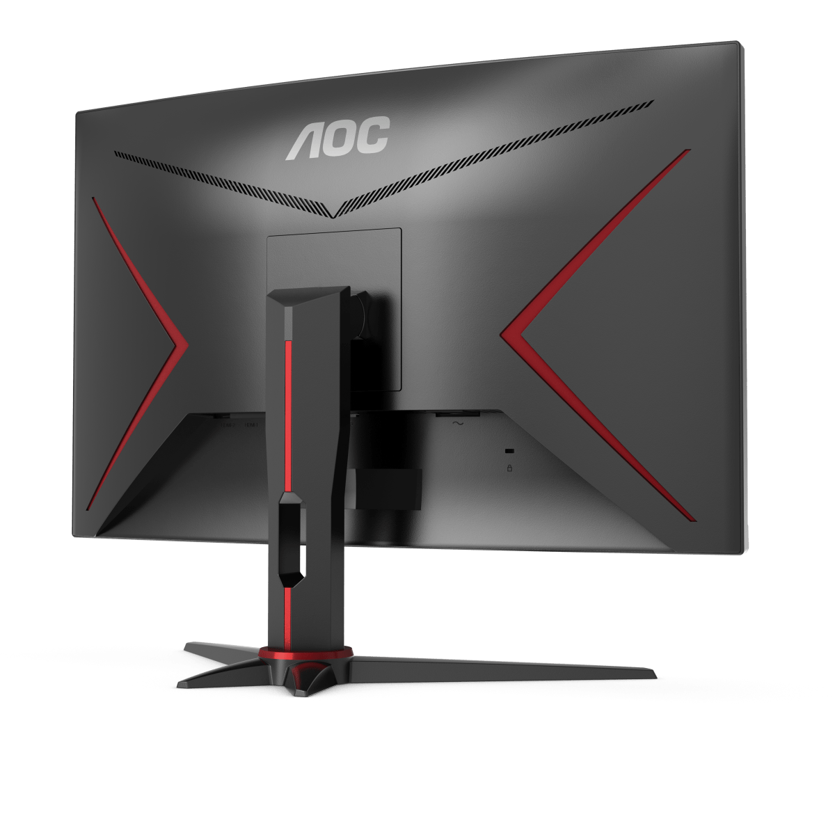 Rückseite eines schwarz-roten AOC-Monitors. Der Hintergrund ist schwarz.