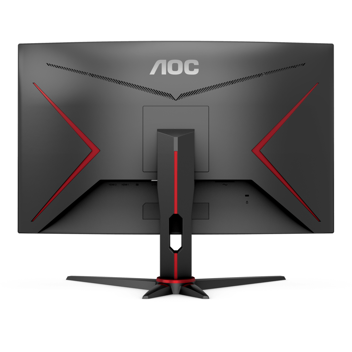 Rückansicht eines schwarzen AOC Gaming-Monitors mit roten Akzenten. Schwarzer Hintergrund.