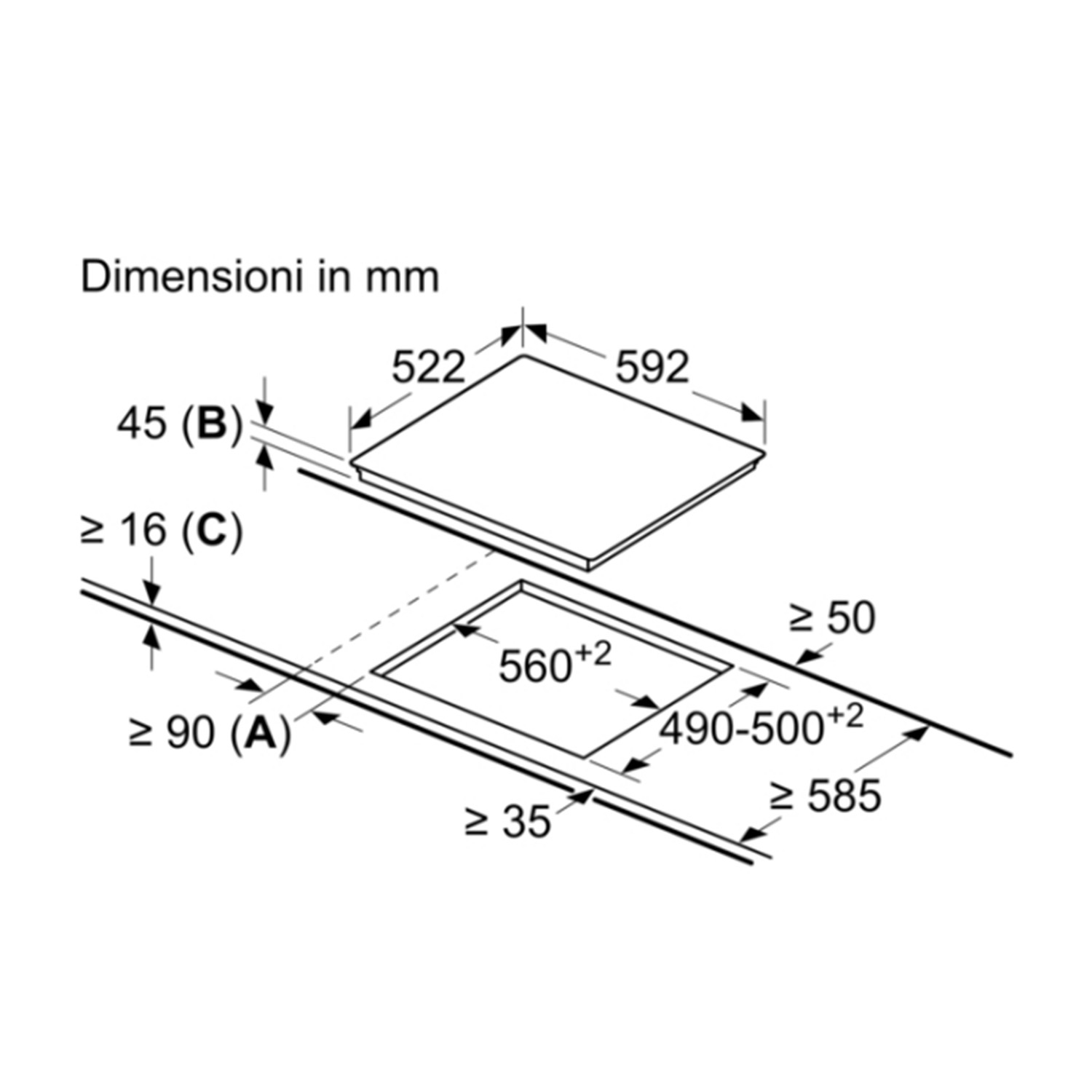 Diagramma di un piano cottura a incasso con dimensioni in millimetri.