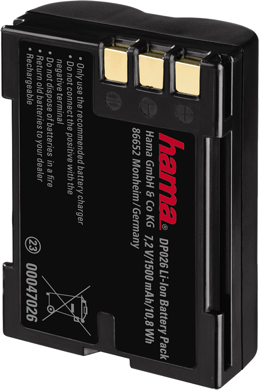 Zwart Hama-accupack met gouden contacten en witte tekst. Productlabel zichtbaar.
