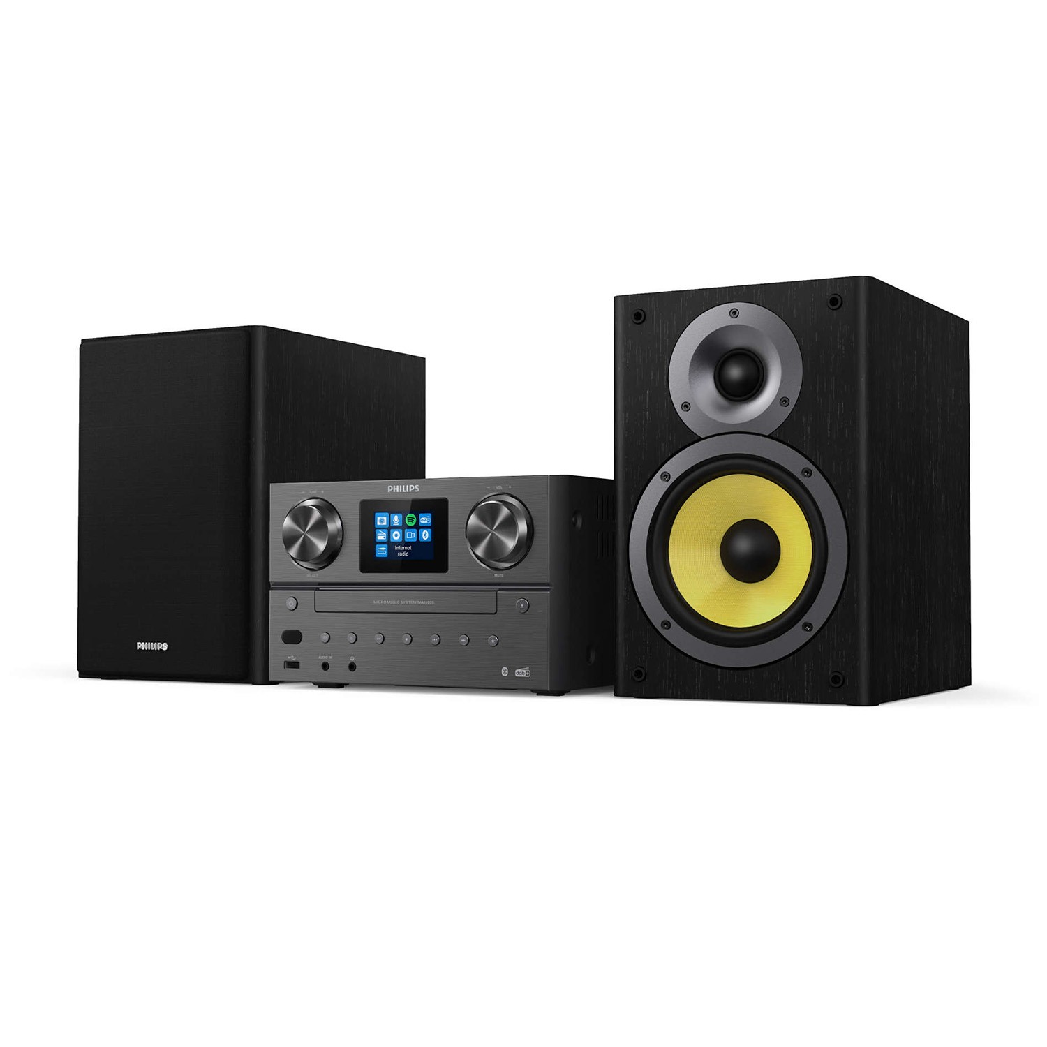 Un sistema audio Philips con un altoparlante a destra, un subwoofer a sinistra e un'unità centrale.