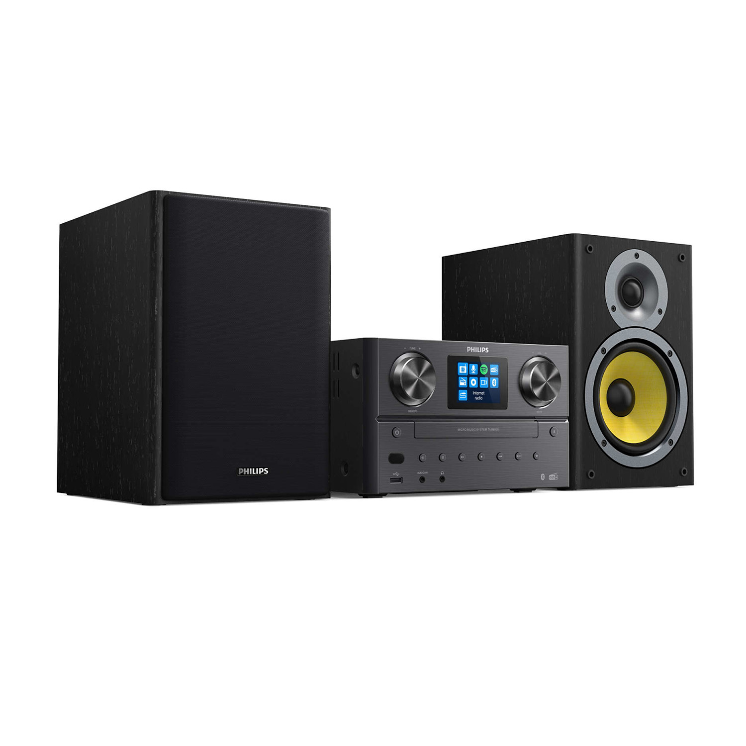 Impianto stereo Philips nero con due altoparlanti.