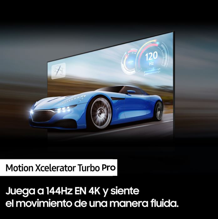 Pantalla de TV que muestra un coche deportivo azul en una pista con texto sobre Motion Xcelerator Turbo Pro.