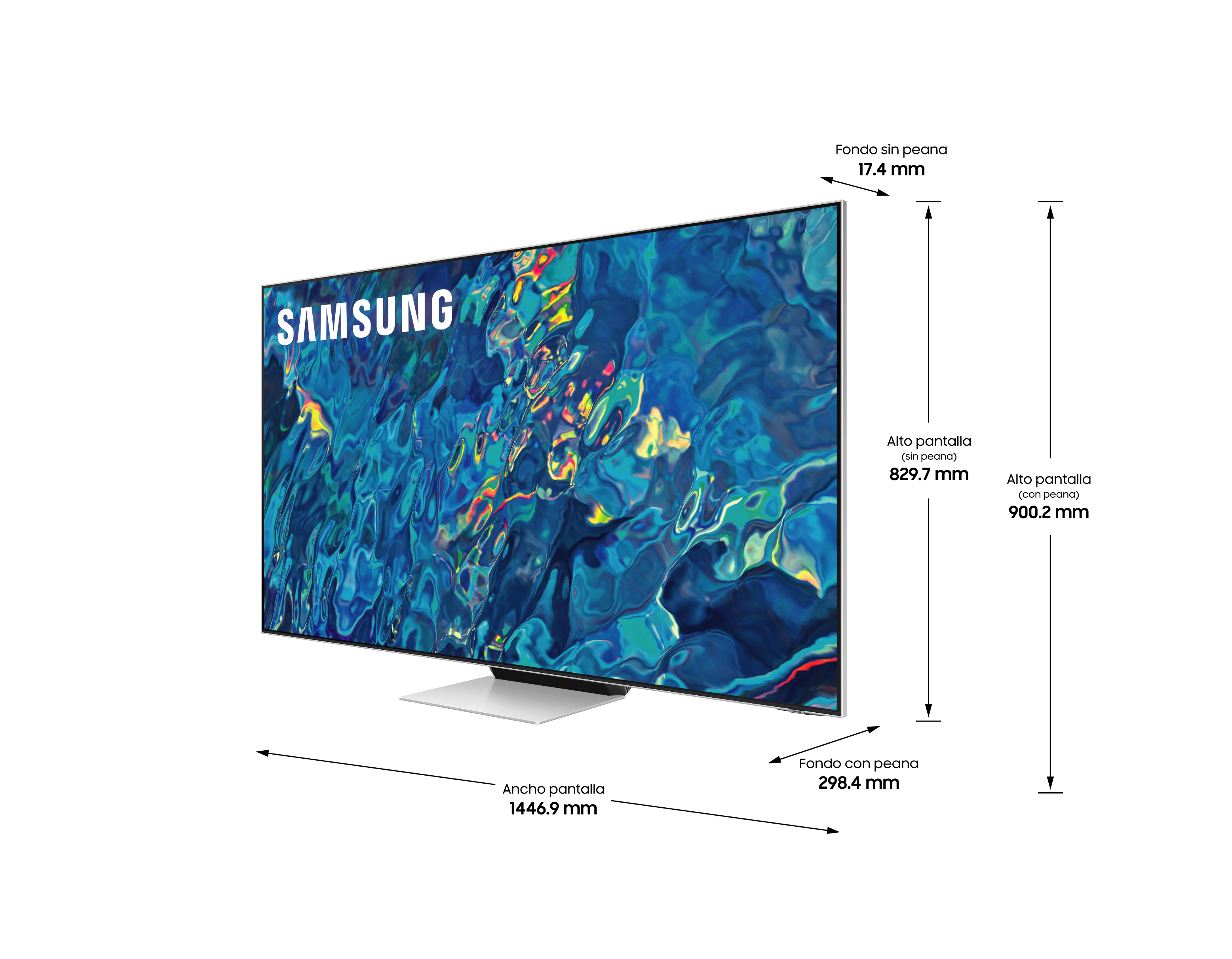 Televisor Samsung en un soporte blanco, mostrando dimensiones y características con texto.