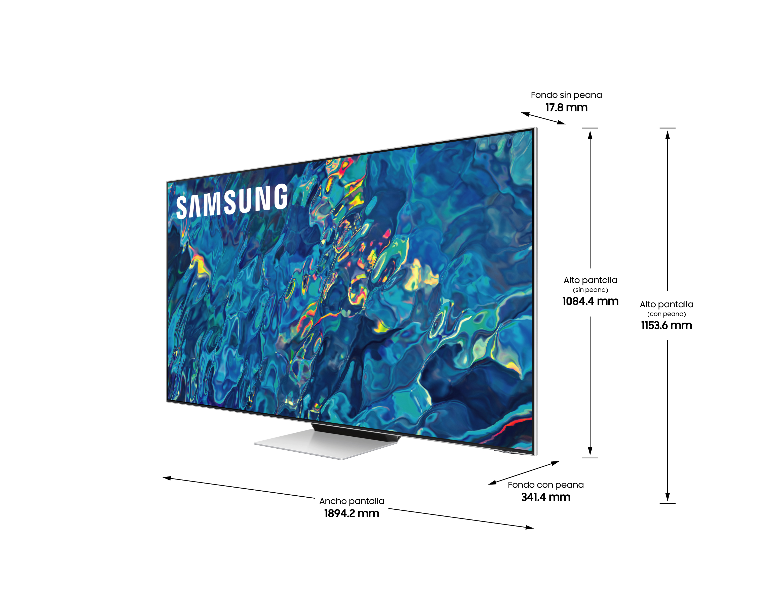 Un televisor Samsung QLED mostrando dimensiones, vista lateral. Etiquetas de texto con medidas en mm.