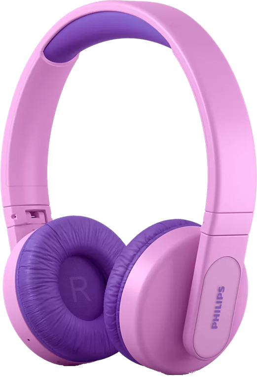 Casque Philips rose avec coussinets d'oreille violets et accents sur l'arceau. La marque Philips est imprimée sur le côté.