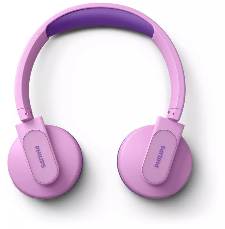 Casque Philips rose et violet, vu de dessus, posé sur une surface blanche.