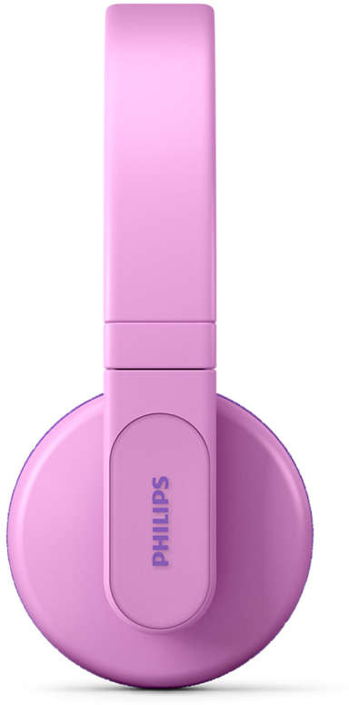 Casque Philips rose sur fond blanc. La marque est visible.