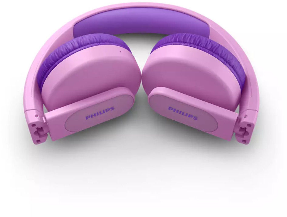 Casque Philips rose et violet, plié, sur fond blanc.